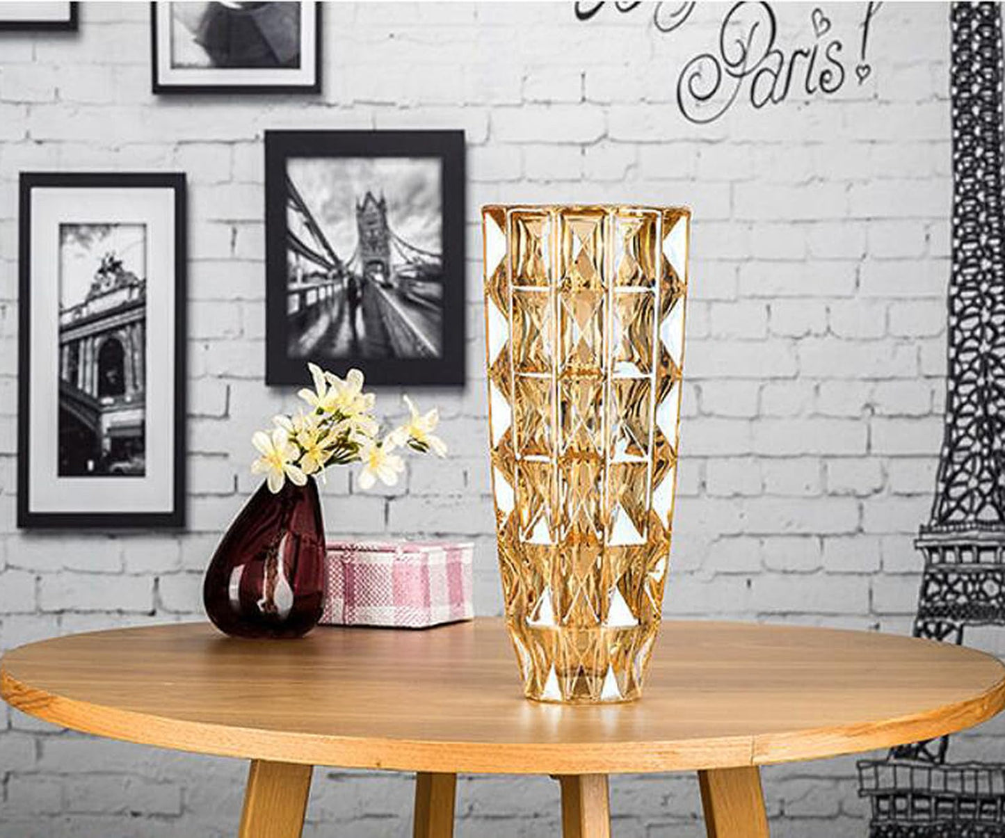 GIDARY Tall Vase,Large Vase, Clear Glass, H 10 inch,Weighs 3.3 LB,Heavy Diamond Check Pattern Crystal,for Home Decor,Bookshelf Decor,for Centerpieces (Amber)