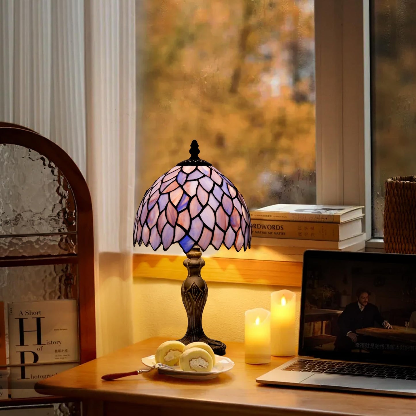GILGGAK Small Tiffany Stained Glass Table Lamp Wisteria Style Hand-Made Lampshade Nightstand Light for Bedroom Dorm Living Hallway Coffee Table Office Housewarming Gift 8X8X15 (Blue Purple Wisteria)
