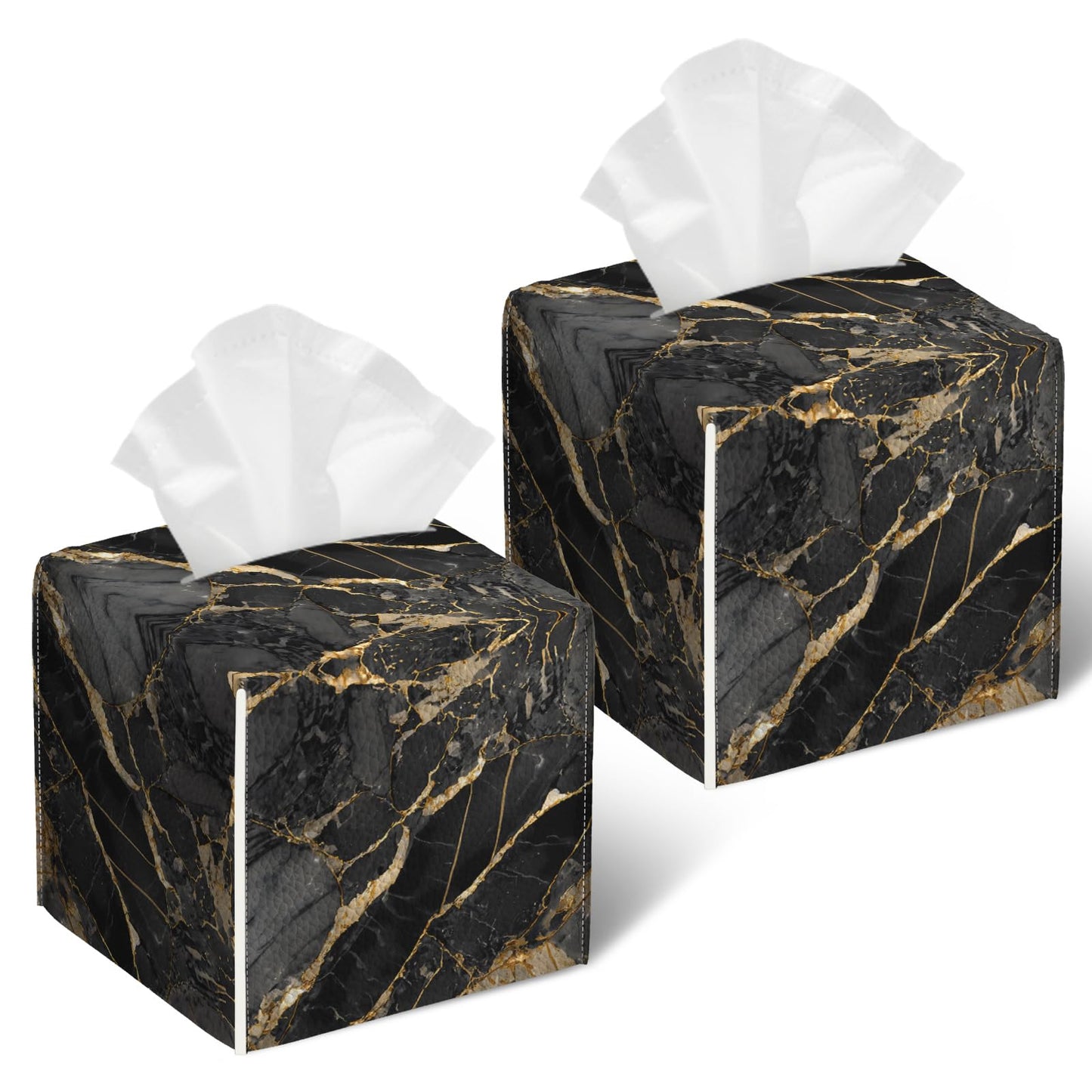 Black Gold Marble Tissue Box Cover 2PCS, Leather Tissue Box Holder Square Facial Paper Case Tissue Box Cube Organizer for Bathroom Bedroom Desk Office