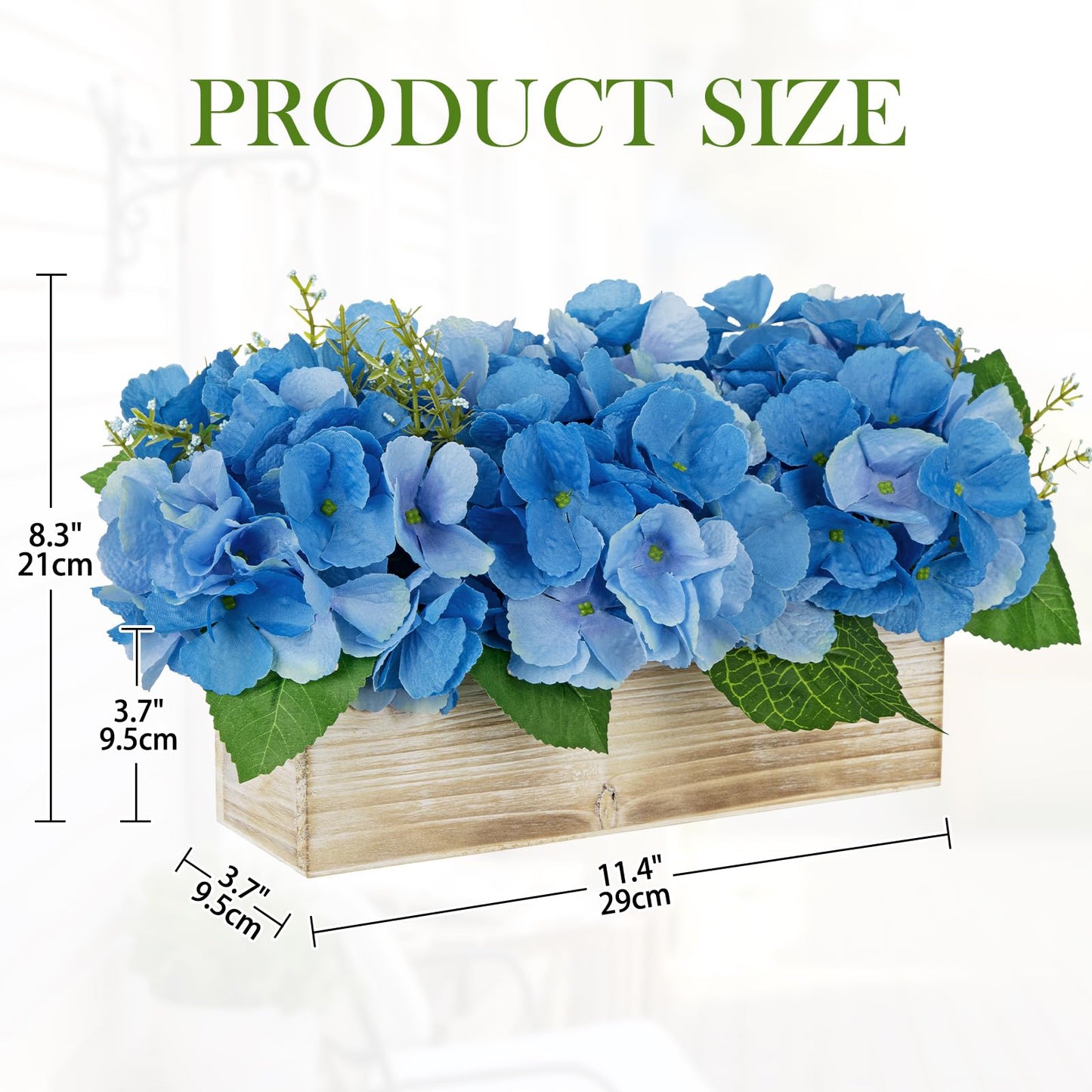 Blue Hydrangea Artificial Flowers Arrangement in Wooden Planter Pot, Fake Hydrangea Flowers with Rectangular Box Vase, Silk Floral Centerpiece for Dining Room, Coffee Table, Kitchen, Windowsill Decor