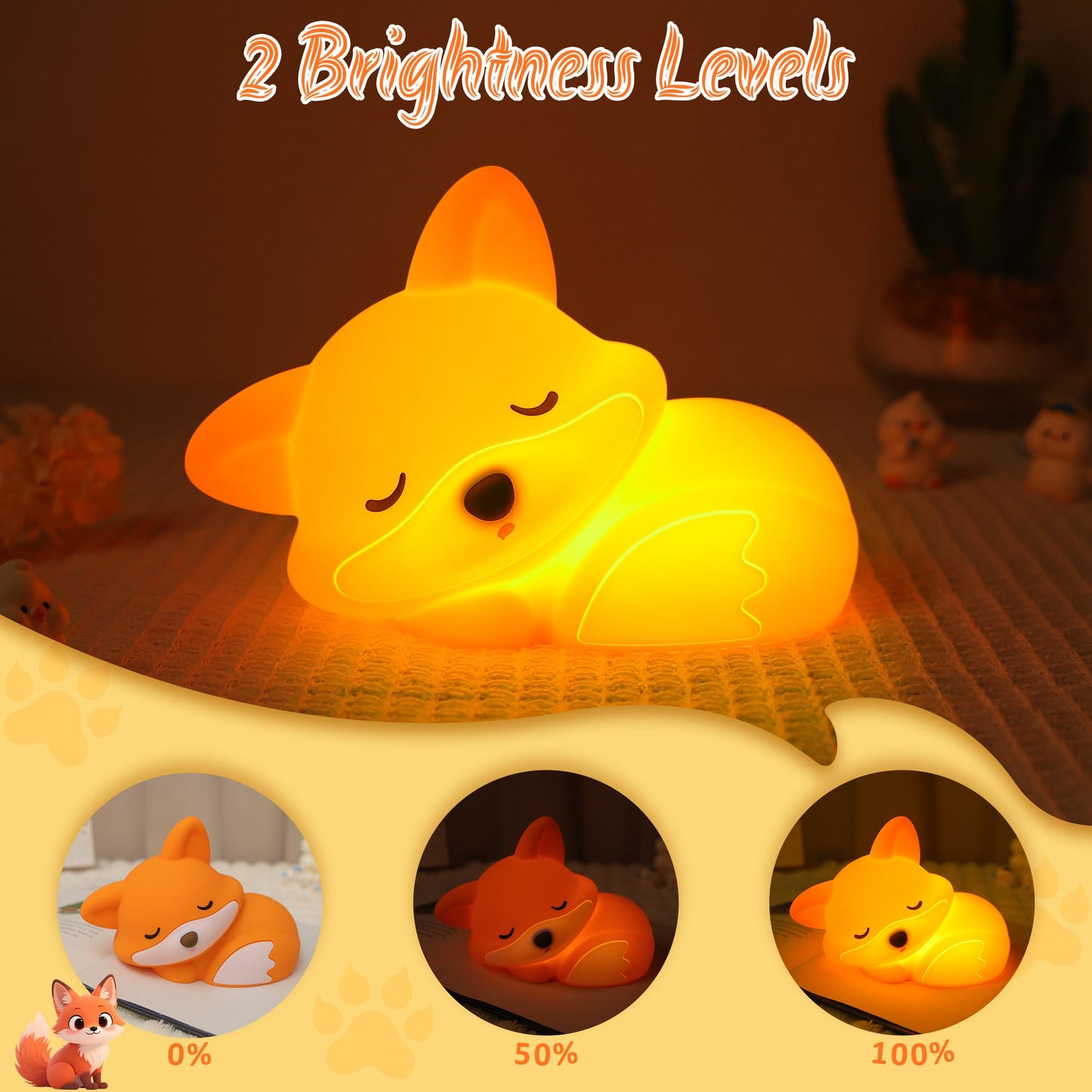 YuanDian Fox Night Light, Squishy Fox Silicone Lamp Novelty Gifts, Rechargeable Dimmable Timer Bedside Touch Nightlight for Breastfeeding Toddler Baby Kids