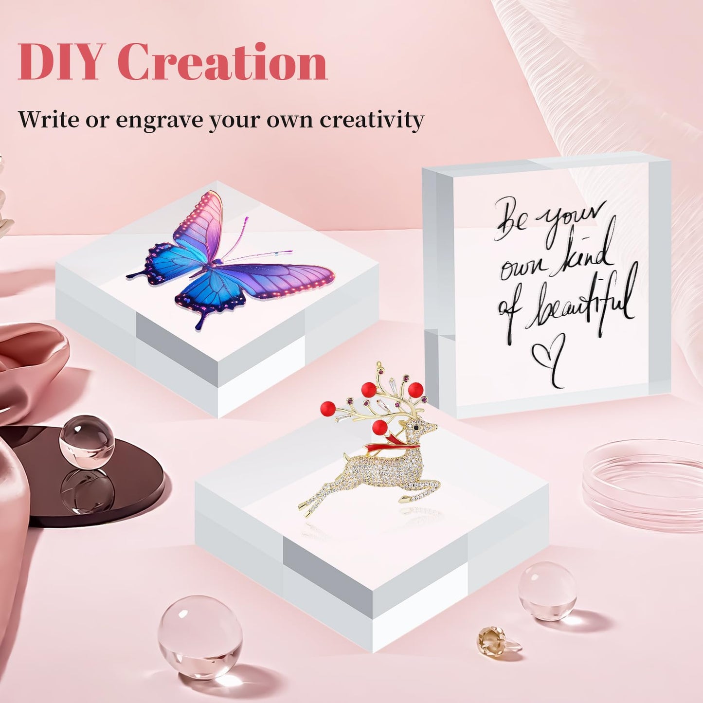 TOWEBOORY 4 Pcs Acrylic Base Stand, 3*3*1 Inch Acrylic Blocks for Display Square Cube Riser Display Pedestal Stands Clear Polished Cubes Holder for Jewelry Perfume Ring Collection Props Cake