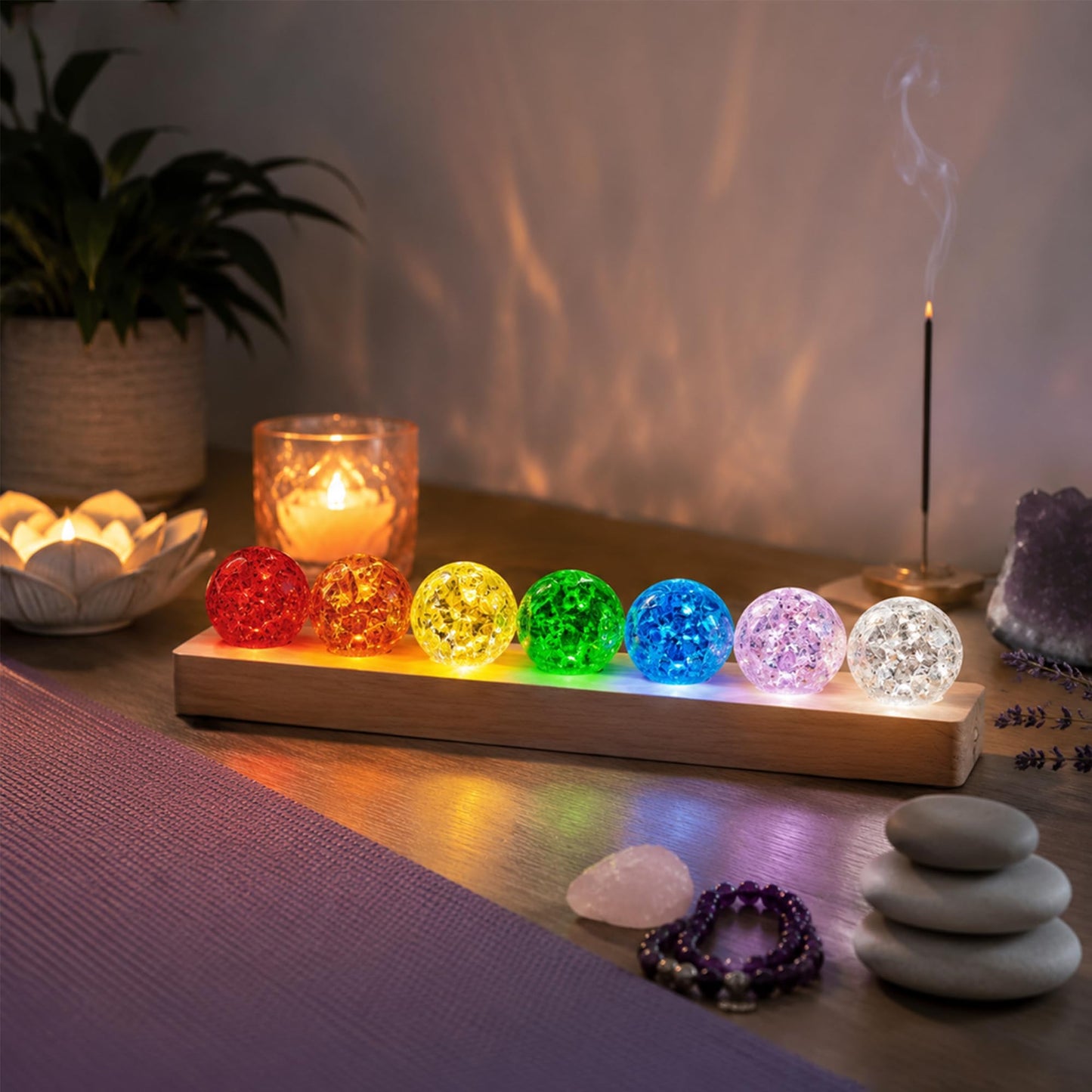 YU FENG 7 Chakra Crystal Ball Set with LED Wooden Stand, 40mm Rainbow Ice Crack Healing Spheres, Crystal Quartz Stones for Meditation, Positive Energy, Night Light and Home Decor