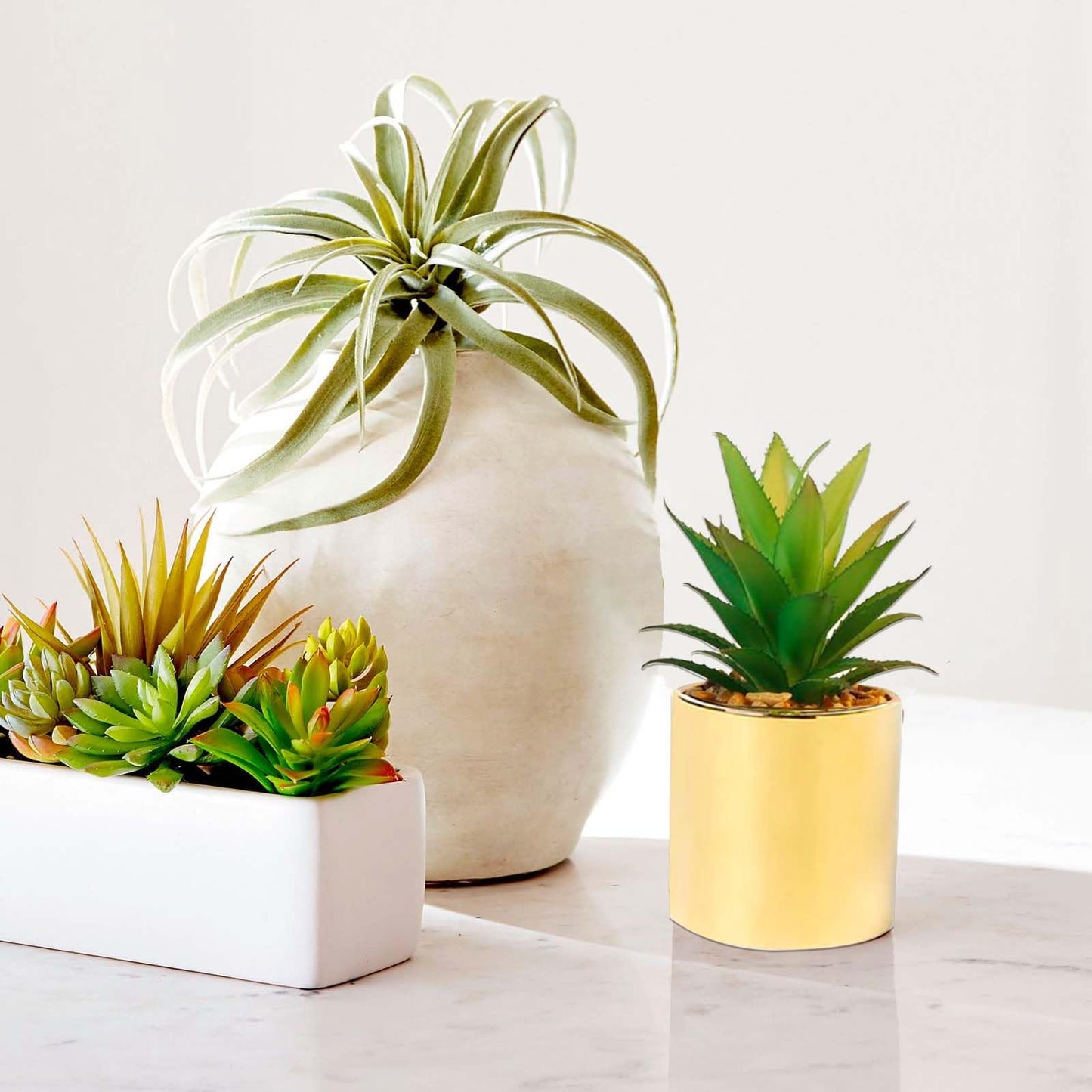 SasaAccueil Faux Succulent Artificial Plants 7'' & 5'' in Pots Home Decoration Set of 2 Gold Pots