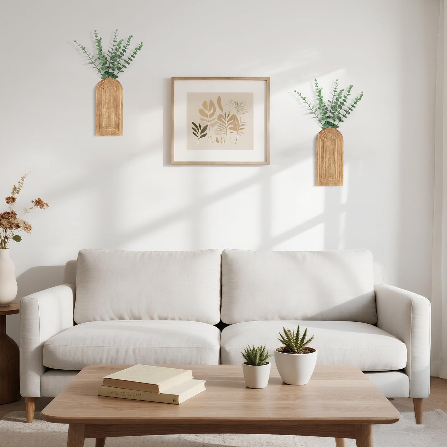 Dahey Wood Wall Planter Vase with Artificial Eucalyptus, 2 Pack Hanging Planter for Indoor Fake Plants Modern Boho Farmhouse Wall Art Decor for Bathroom Bedroom Kitchen Office Home Decoration, Natural