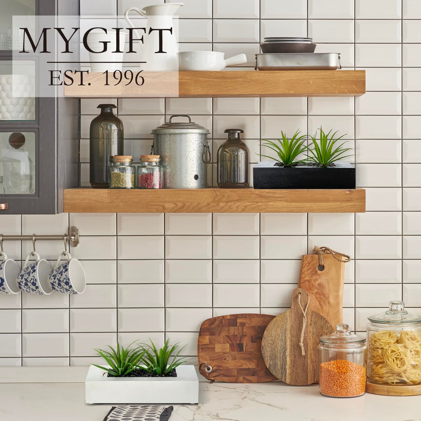 MyGift 10 Inch Fake Grass Artificial Plants in Rectangular Black Wood Planter - Faux Plants Indoor for Tabletop Centerpiece Décor