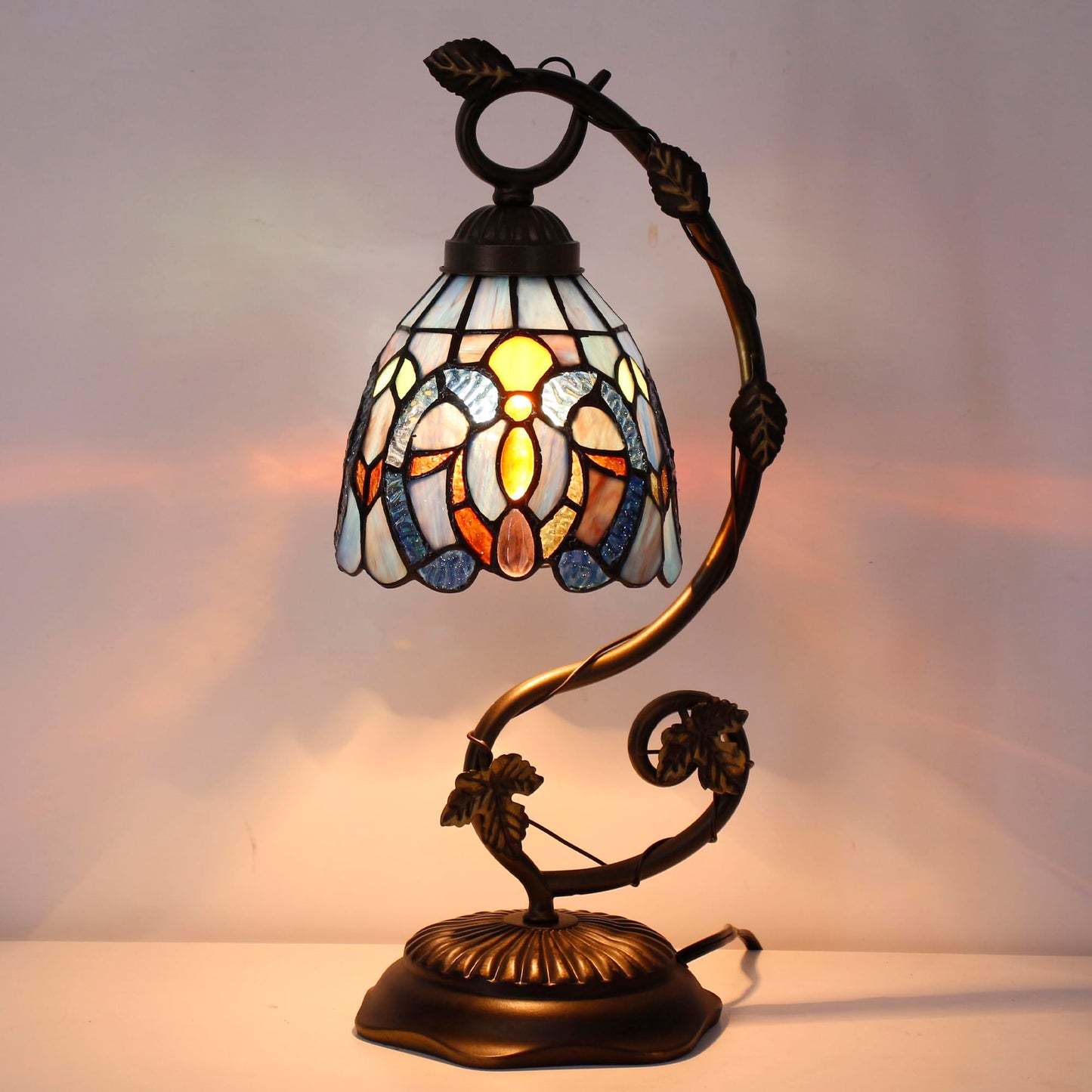ANYONGLU Tiffany Stained Glass Reading Desk lamp Blue Purple Accent Style Bedside Metal Leaf Base 6X8X17 inch Bedroom Home Office Decoration