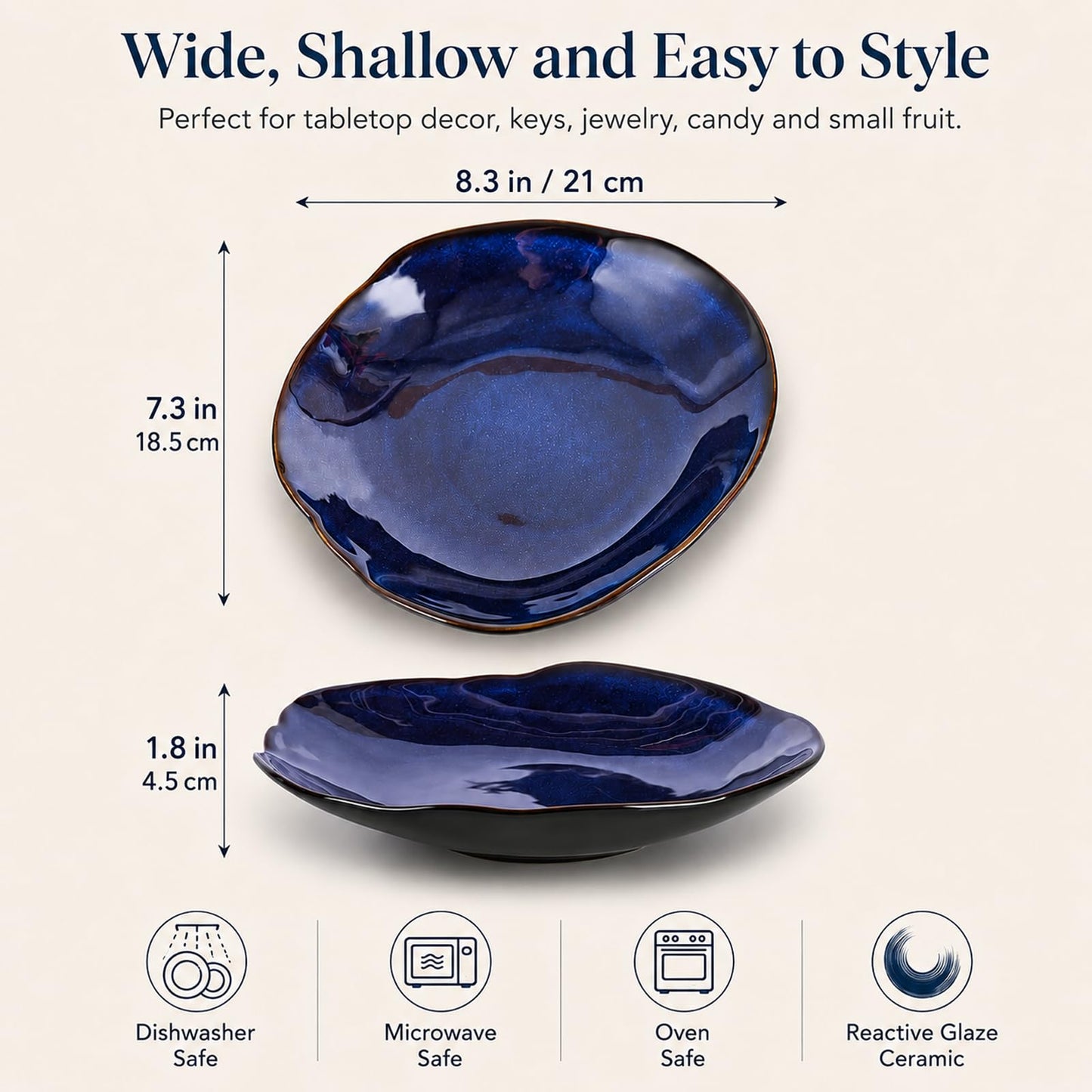 Blue Ceramic Decorative Bowl –8.3" Small Trinket Dish, Fruit Bowl, Candy Dish, Key Bowl for Entryway Table, Jewelry & Ring Dish, Porcelain Catchall Dish for Kitchen, Bedside, Living Room Home Decor