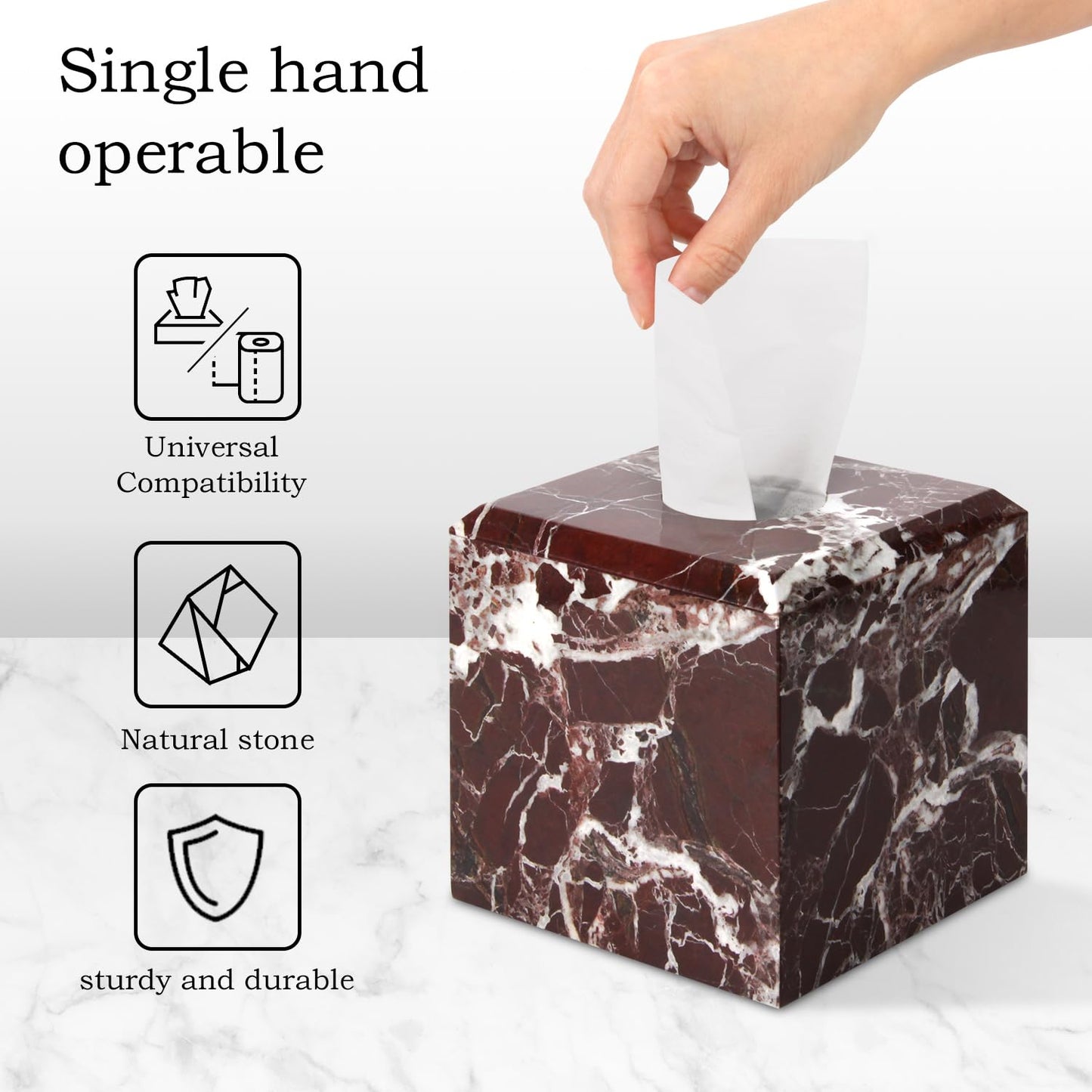 Natural Marble Square Tissue Box Cover ,Stone Modern Decorative Sturdy Napkin Box Holder Case,Facial Paper Organizer for Bathroom Vanity Toilet Countertop,Kitchen (1, Rosso Lepanto, 5.71*5.71*5.51)