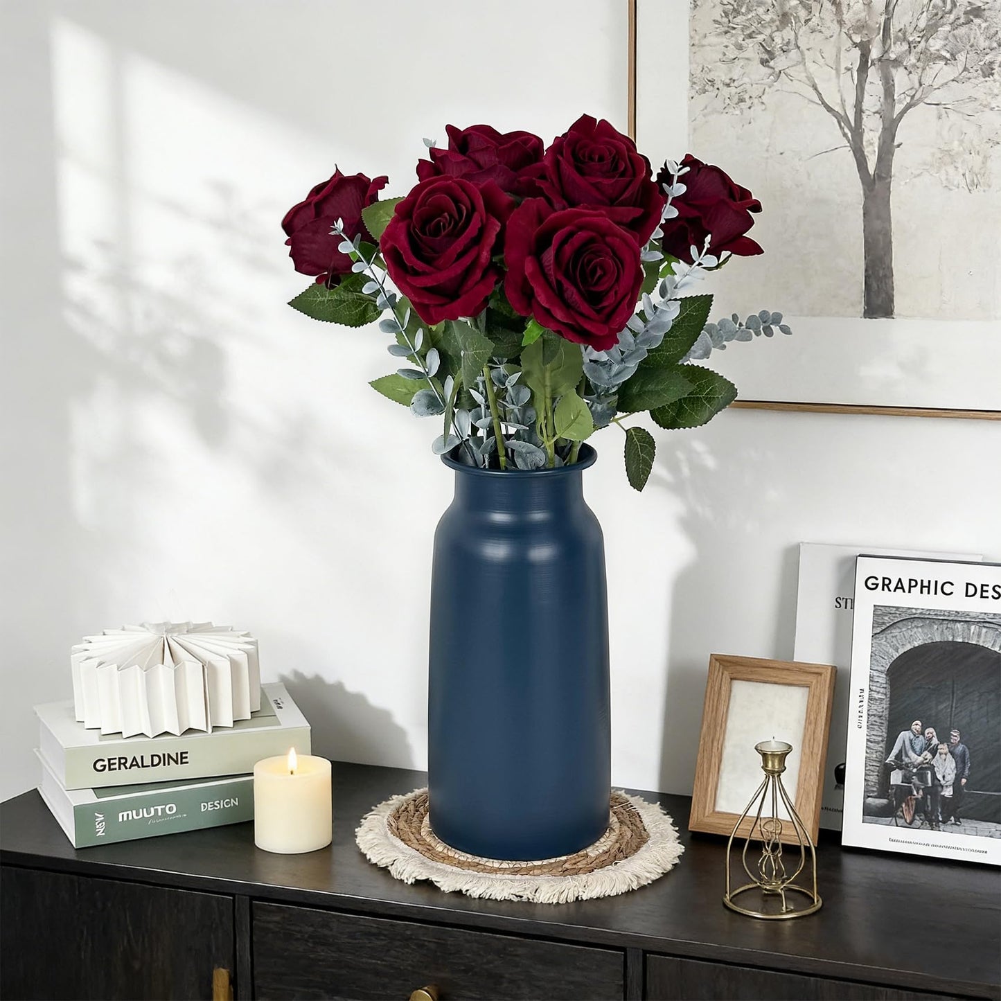 Deep Blue Seamless Metal Flower Vase, 10.8" Modern Flowerpot Minimalist Boho Home Rustic Centerpiece Farmhouse Retro Metallic Vases Decorative for Pampas Grass Bouquet, Anniversary Wedding Gift