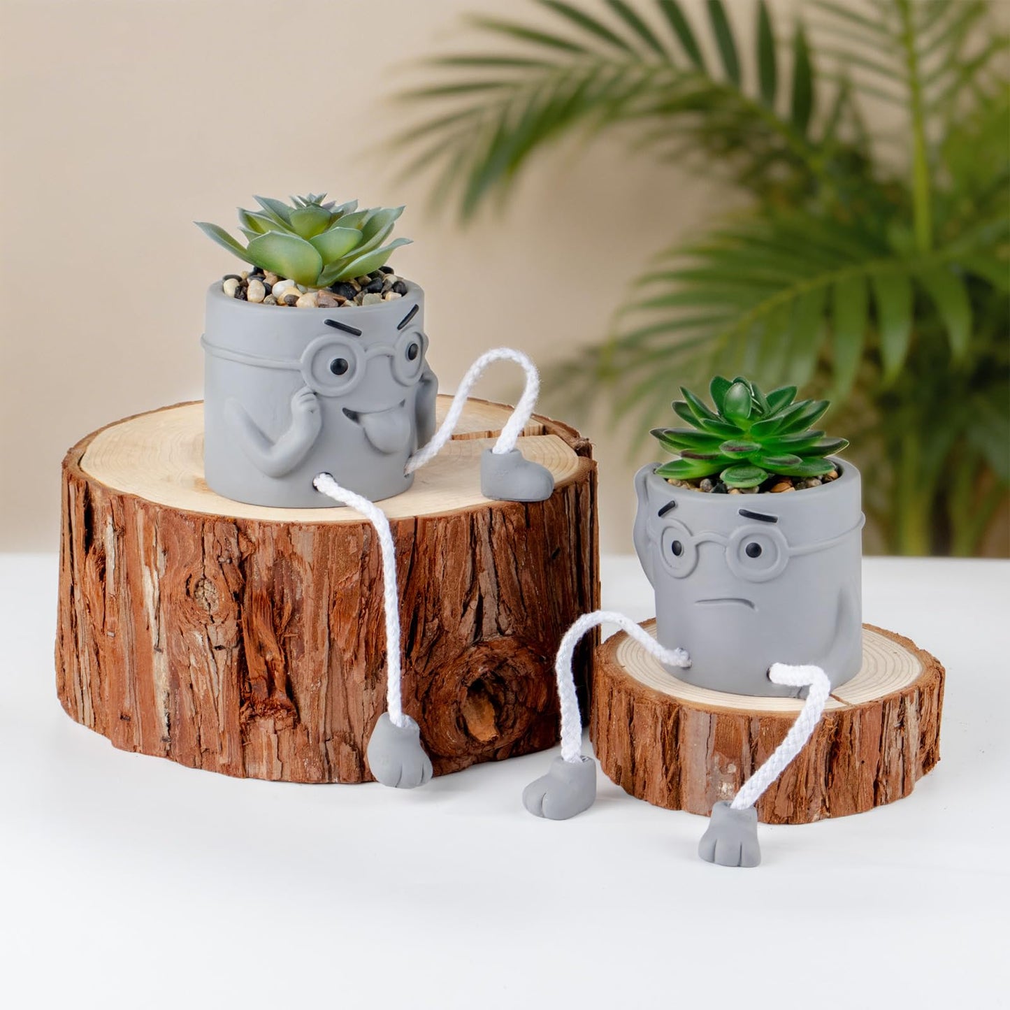 Uguisu 2 Pack Small Fake Plants for Desk Window sill Decor, Shelf sitters with Dangling Legs Cubicle Decor Cute Fake Succulent Hippy pots（Gray/2pcs）