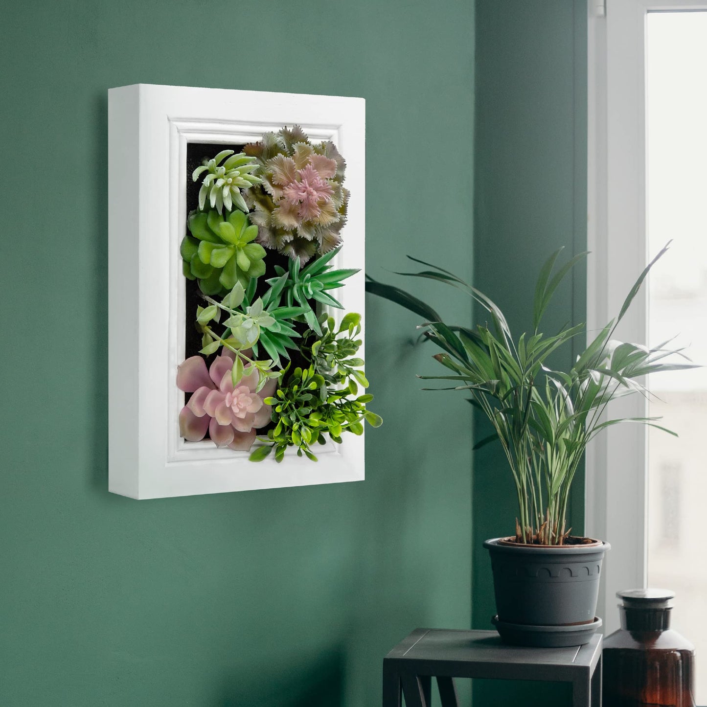 Nattol 3D Artificial Succulent Wall Art, Wood Frame with Realistic Faux Plant, Wall Hanging Botanical Decoration, Home Decor Idea for Vertical Garden and Fake Plants, White