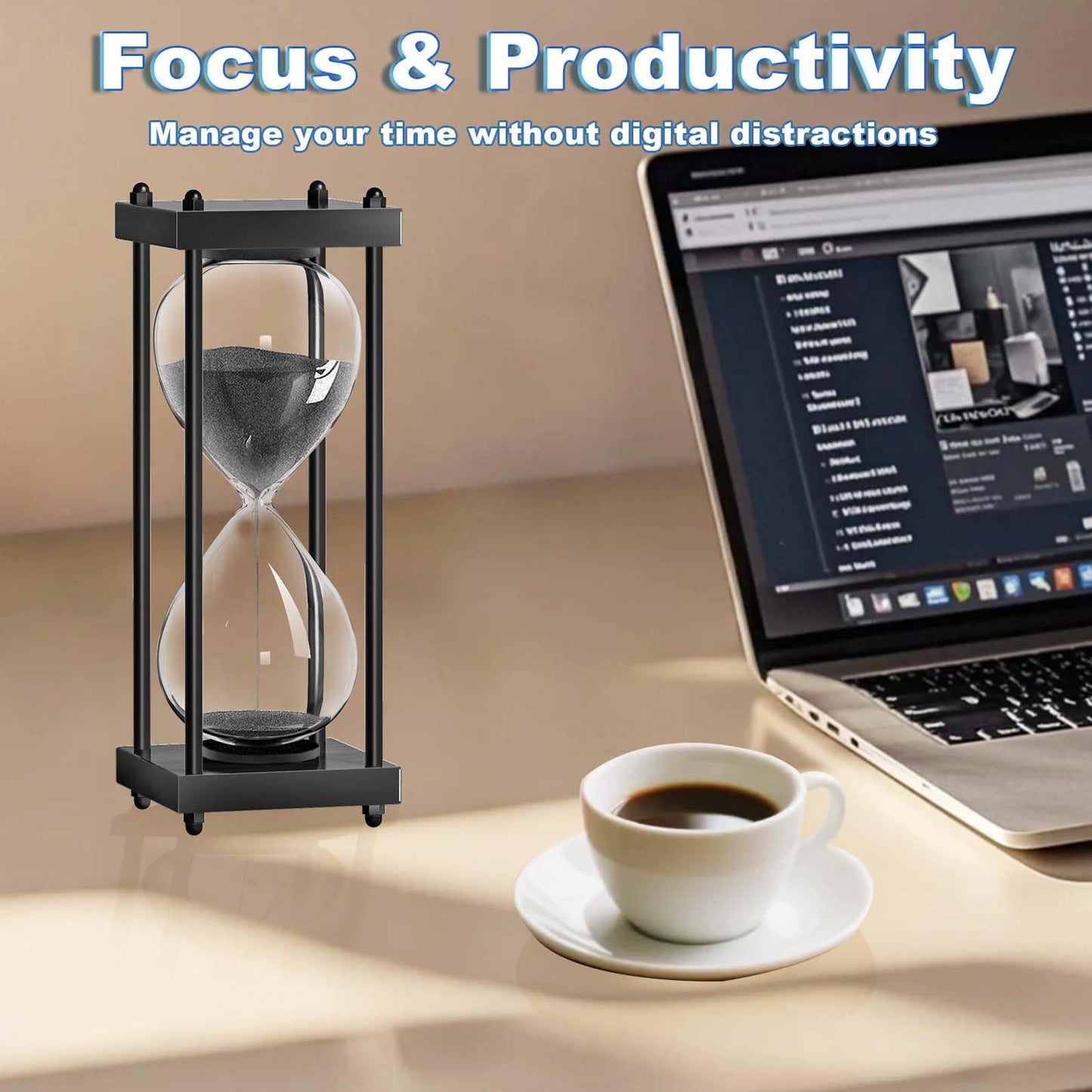 60 Minutes Sand Hourglasses: Black Wooden Sand Timer Clock, Reloj De Arena 1 Hora, SandWatch 60 Min, 1 Hour Sandglass for Home Office Desk Decorative (Black)