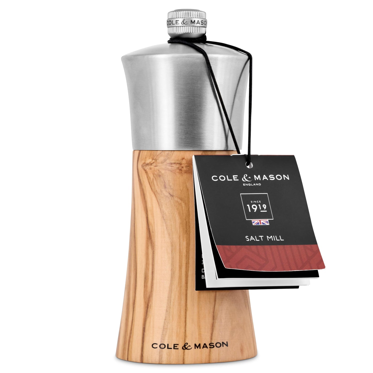Cole & Mason Bromley Salt Mill, Ceramic Mechanism with Adjustable Coarseness, Olive Wood/Stainless Steel Salt Grinder, 150mm