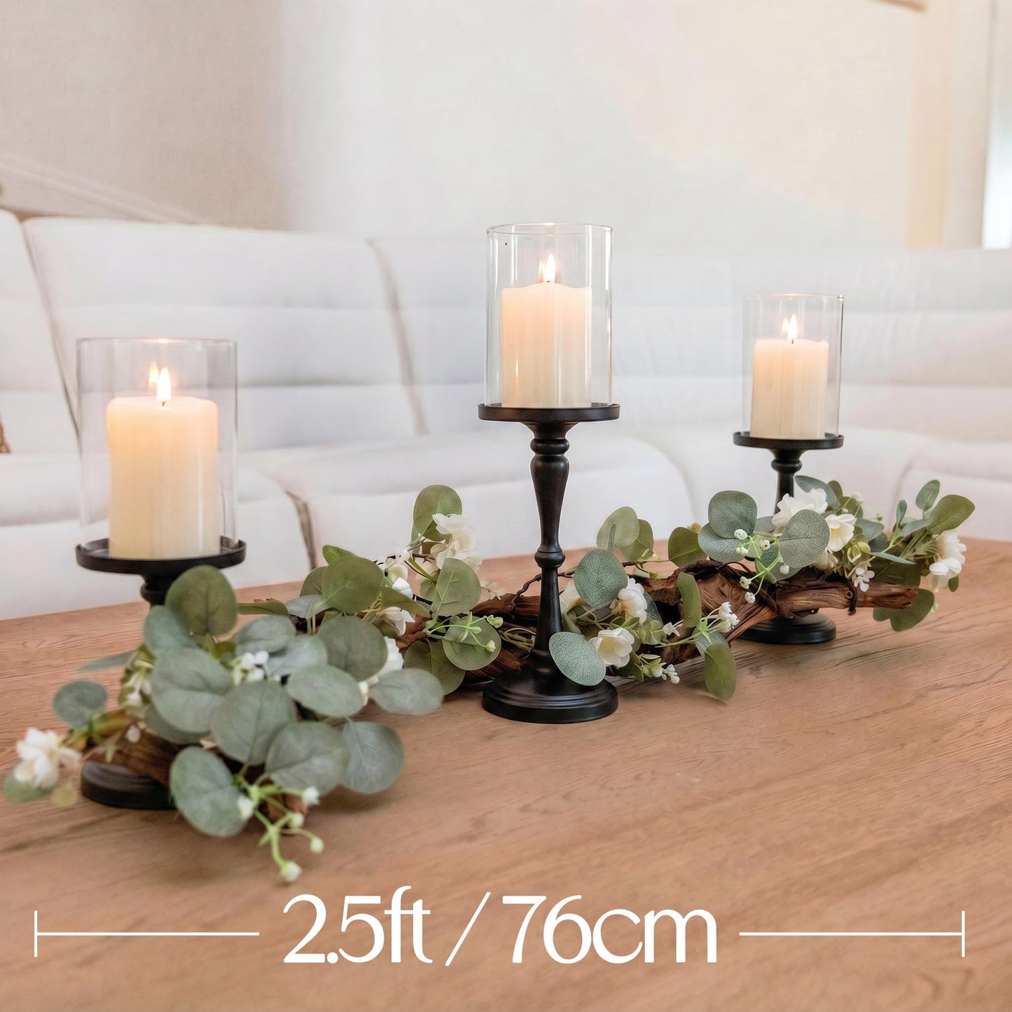 Eucalyptus Table Centerpiece with Candle Holders, Farmhouse Dining Table Decor, Rustic Greenery Centerpiece for Coffee Table, Mantle, Entryway, Wedding & Home Decor (Black)