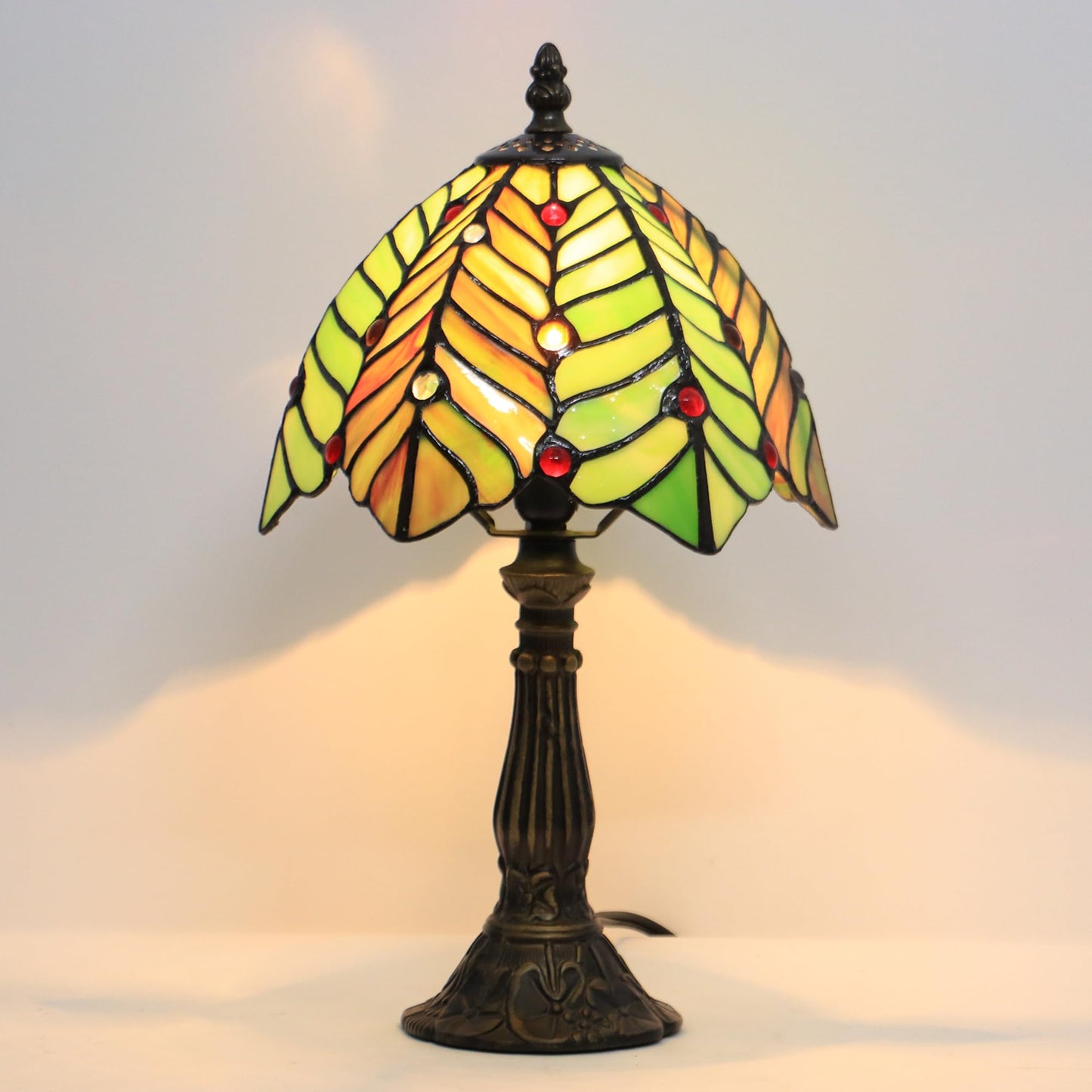 LXHCYOU Small Tiffany Lamp Mini Accent Table Lamp Stained Glass Desk Memory Lamp Sympathy 8X14.5 Inch (Brown Green Leaf)