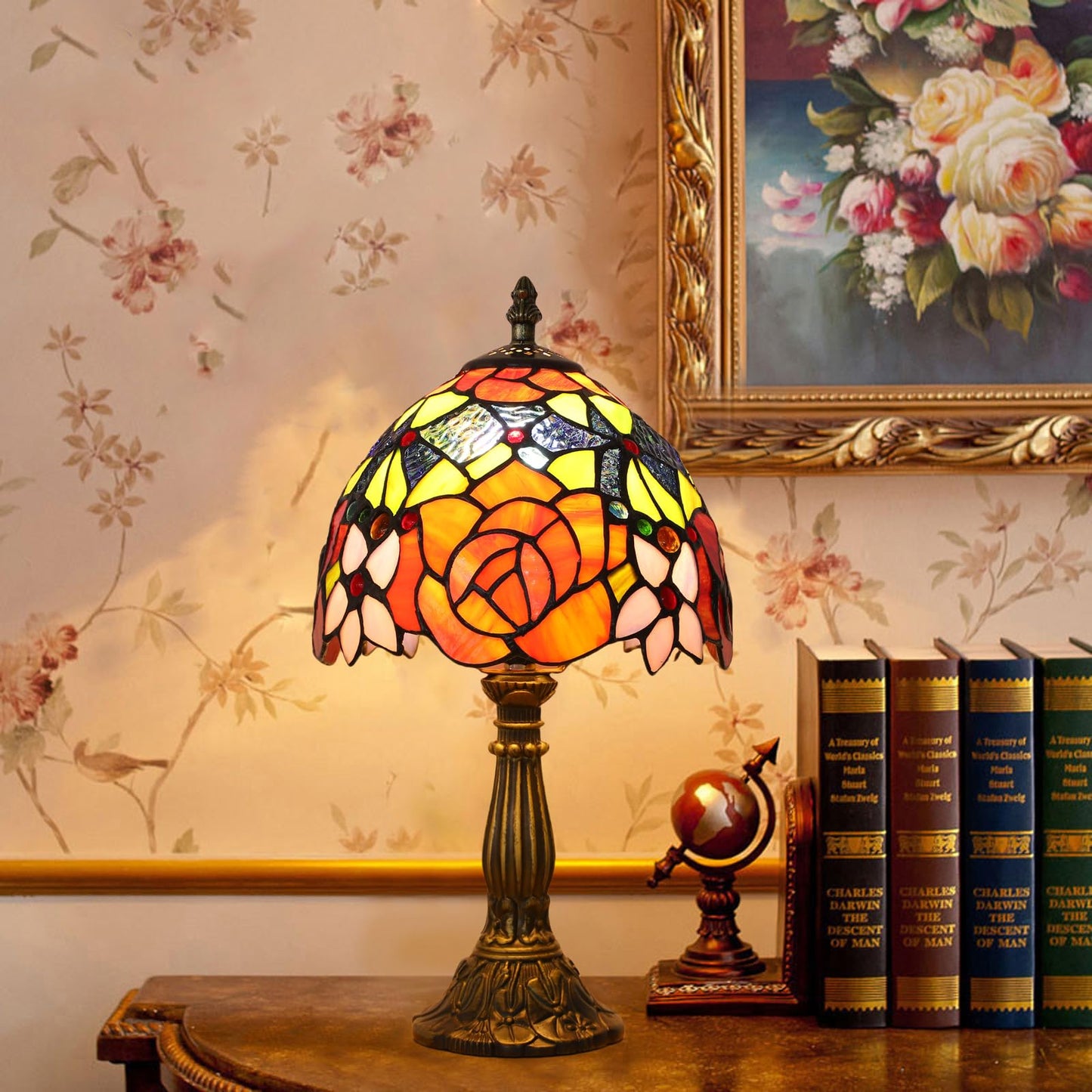tuomoxte Tiffany Style Table Lamp 3 Color Temperatures Rose Flower Stained Glass Lamps Small Antique Bedside Nightstand Table Lamp for Bedroom Living Room Home Office, W/LED Bulb 8X8X15Inch