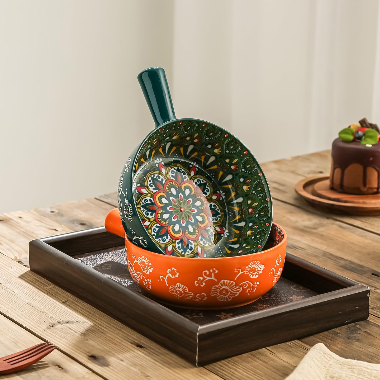JINNTHE 1PC Ceramic Soup Bowl with Handle – 23oz, 9 Inches Bowl Handmade Shallow Bowl Colorful Floral Microwave & Dishwasher Safe Pasta/Salad Dish Bohemian Style Navy Blue
