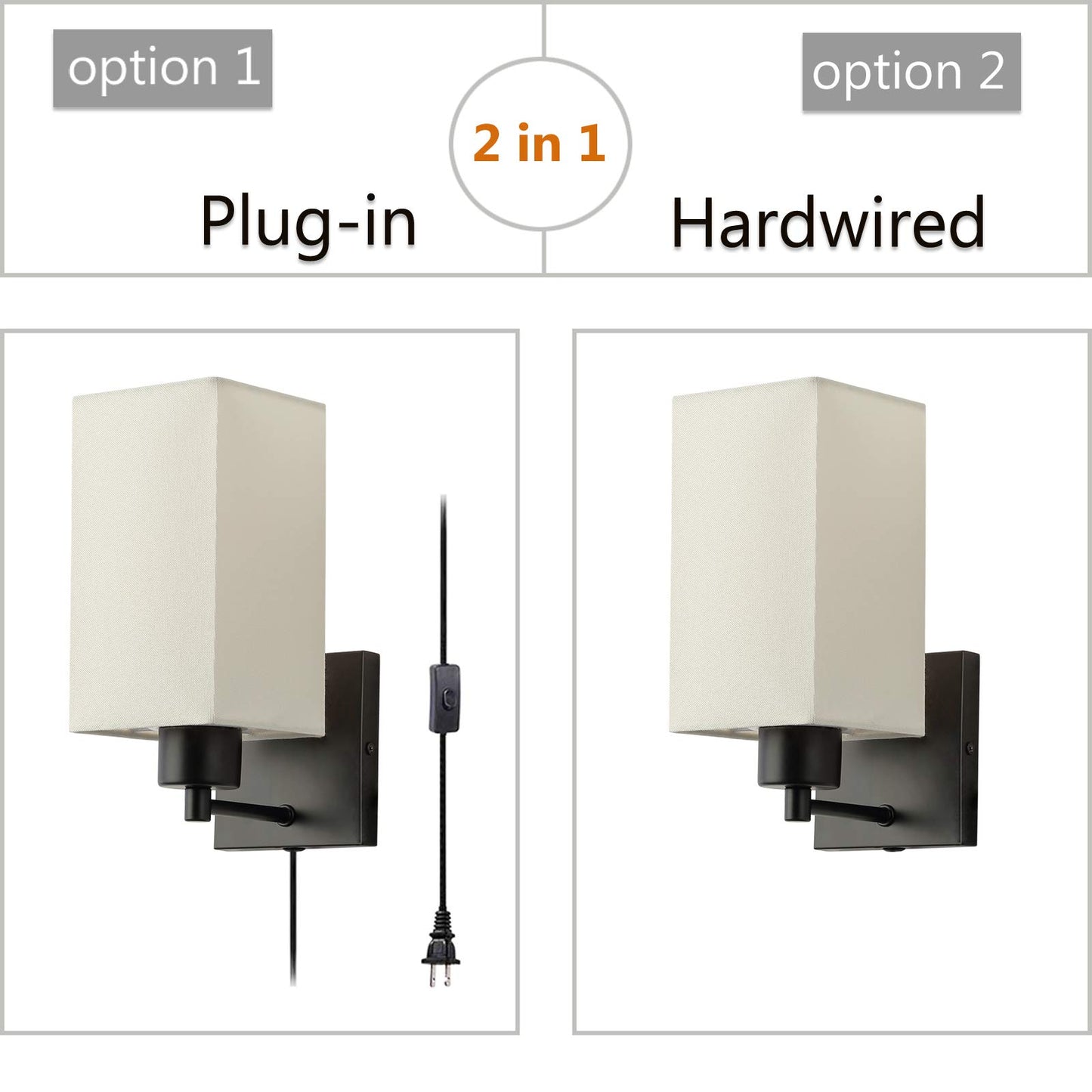 KOONTING® Plug in Wall Sconce Set of 2, Rustic Wall Lamp with Plug-in Cord and On/Off Toggle Switch, Beige Fabric Shade Wall Light Fixture for Headboard Bedroom Living Room Hallway