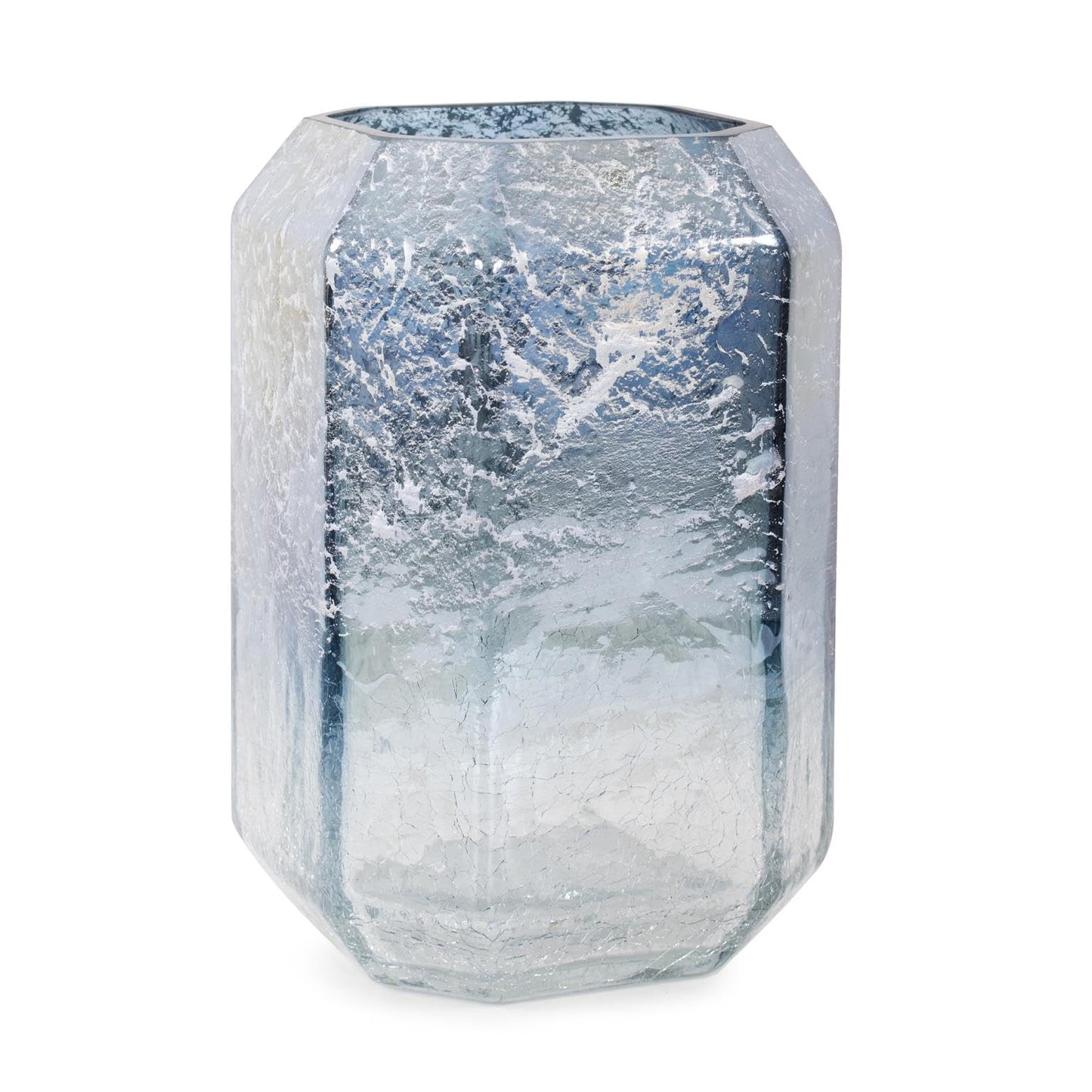 Howard Elliott Collection Lonsdale Iridescent Tall Glass Vase, Arctic Blue Square Vase with Geometric Texture, Decorative Accent for Table, Shelf or Centerpiece, 6.25H x 7.88W x 7.88D, Blue Silver