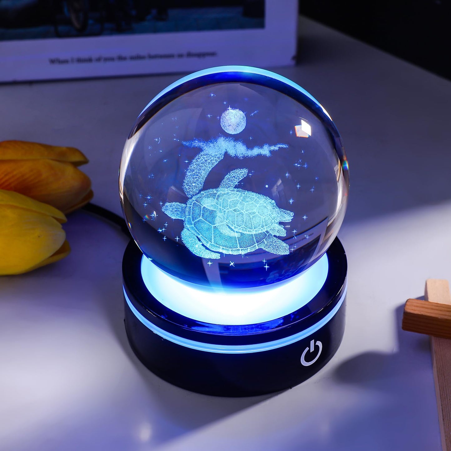 YWHL 3D Sea Turtle Crystal Ball Figurine with LED Base Laser Sea Turtle Gifts for Women Men on Christmas Birthday Decorative Turtle Ball Sea Turtle Glass Globe Night Light for Home Decor (80mm)