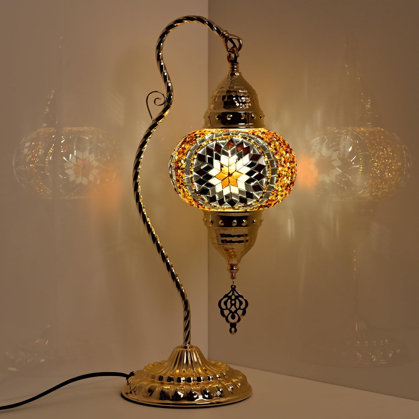 GOGERS Turkish Mosaic Table Lamp, Moroccan Style Swan Neck Bedside Lamp with Handmade Glass Shade, LED Bulb Included, Warm Ambient Decorative Accent Lamp for Bedroom, Living Room, Nightstand (Brown)