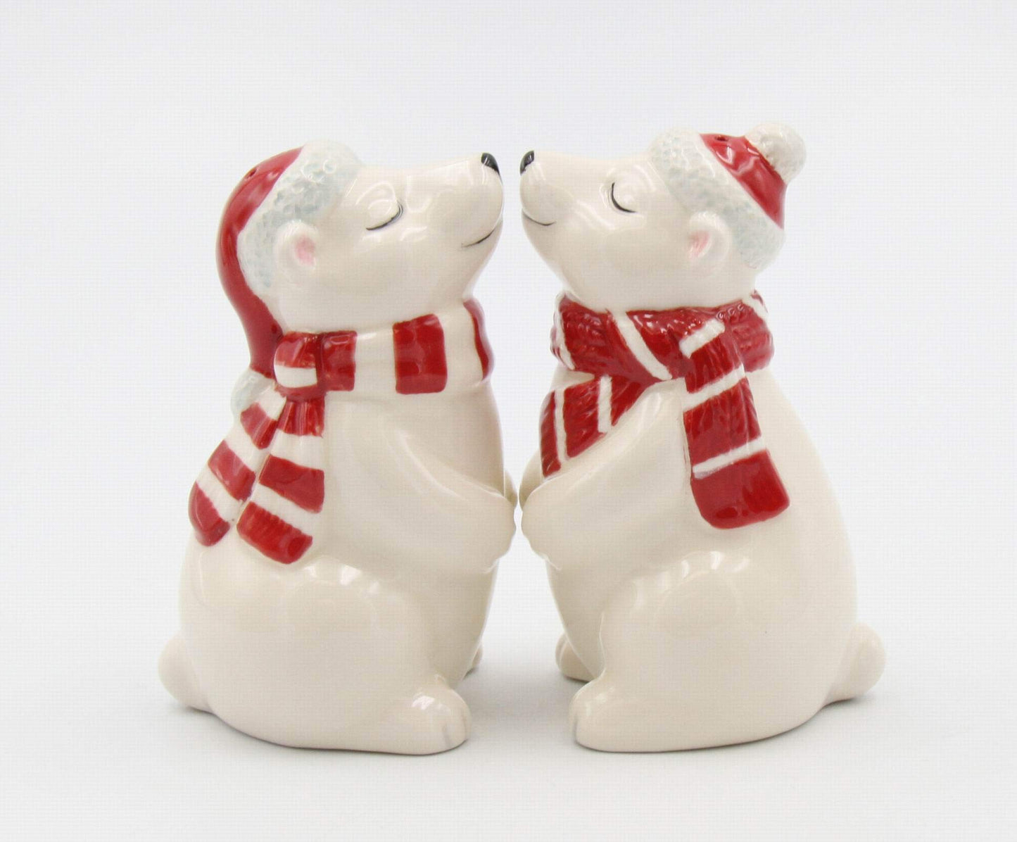 Fine Ceramic Christmas Holidays Polar Bear Couple Wearing Santa's Hat and Scarf Salt & Pepper Shakers Set, 3-5/8" H