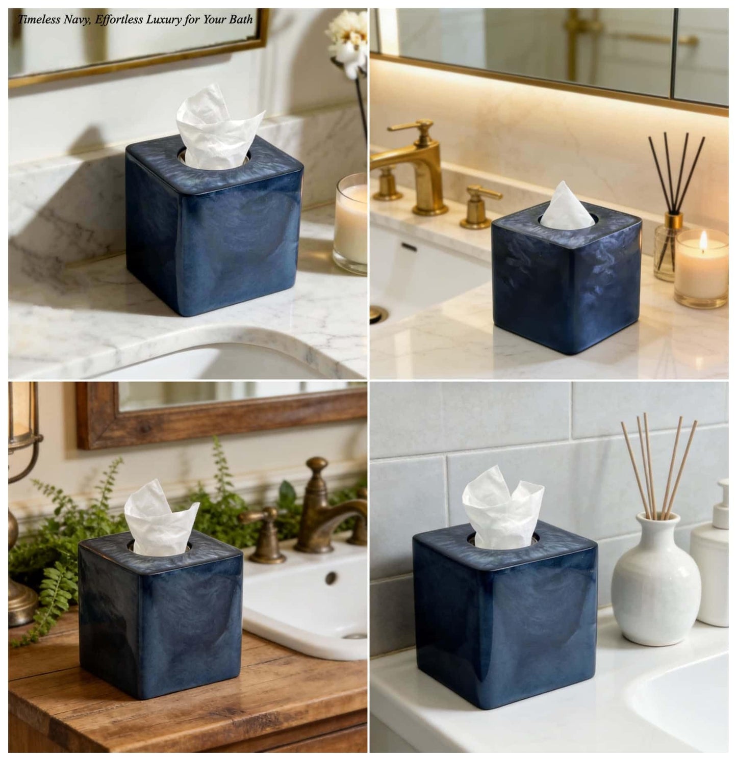 Navy Blue Pearl Swirl Square Tissue Box Cover Holder with Open Bottom.Modern Resin Tissue Box Cube Dresser Accessories for Bathroom Livingroom Kitchen Office,Home Decor Gifts