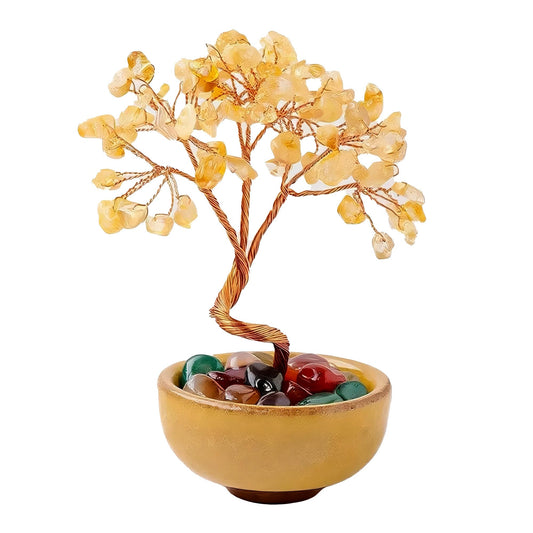 Chiorgone Natural Citrine Crystal Money Tree - Feng Shui Bonsai for Wealth & Prosperity, Tabletop Decor Artificial Trees for Home Office with Ceramic Pot