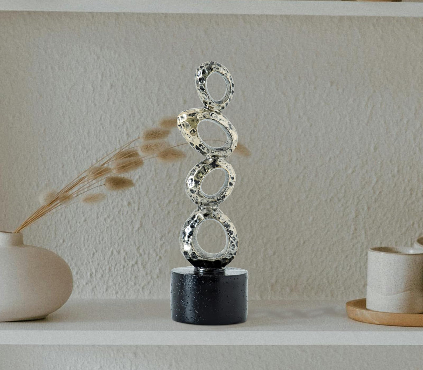 GABROC Modern Abstract Resin Sculpture - Irregular Gold Oval Rings with Black Cylindrical Base for Elegant Home & Office Decor