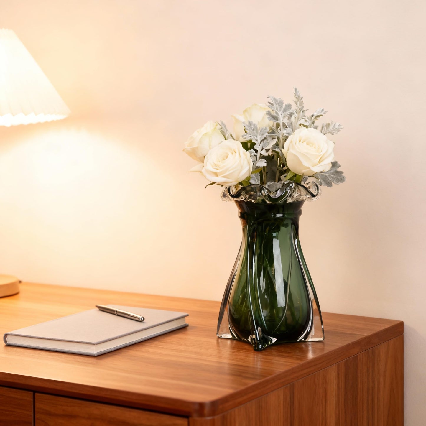 Hand Blown Glass vase, Modern Art Decorative vase, Green Glass vase Suitable for Decorating Living Room Dining Table Centers, TV cabinets, Offices, and entryway Side Tables.