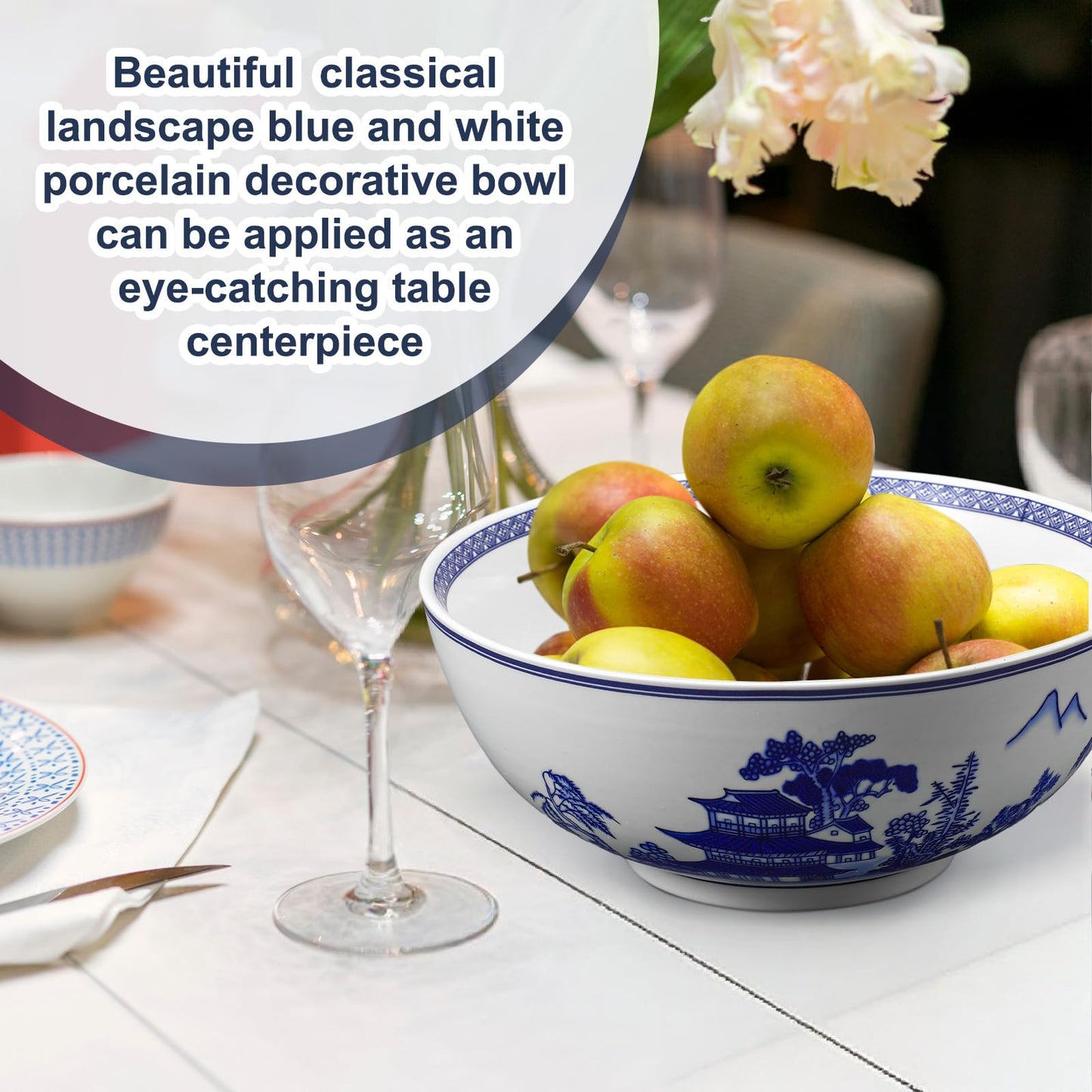 Reallnaive Christmas Chinoiserie Gift Large Salad Serving Bowl Blue and White Porcelain Bowl 9.7" x 4" Chinese Landscape Decorative Ceramic Serving Plate for Kitchen Salad Soup Fruit Home Decoration