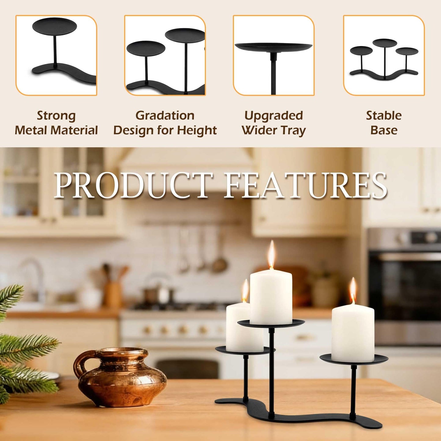 EALPVIS 3-Arms Fireplace Candle Holder - Candle Stand for Table Centerpiece