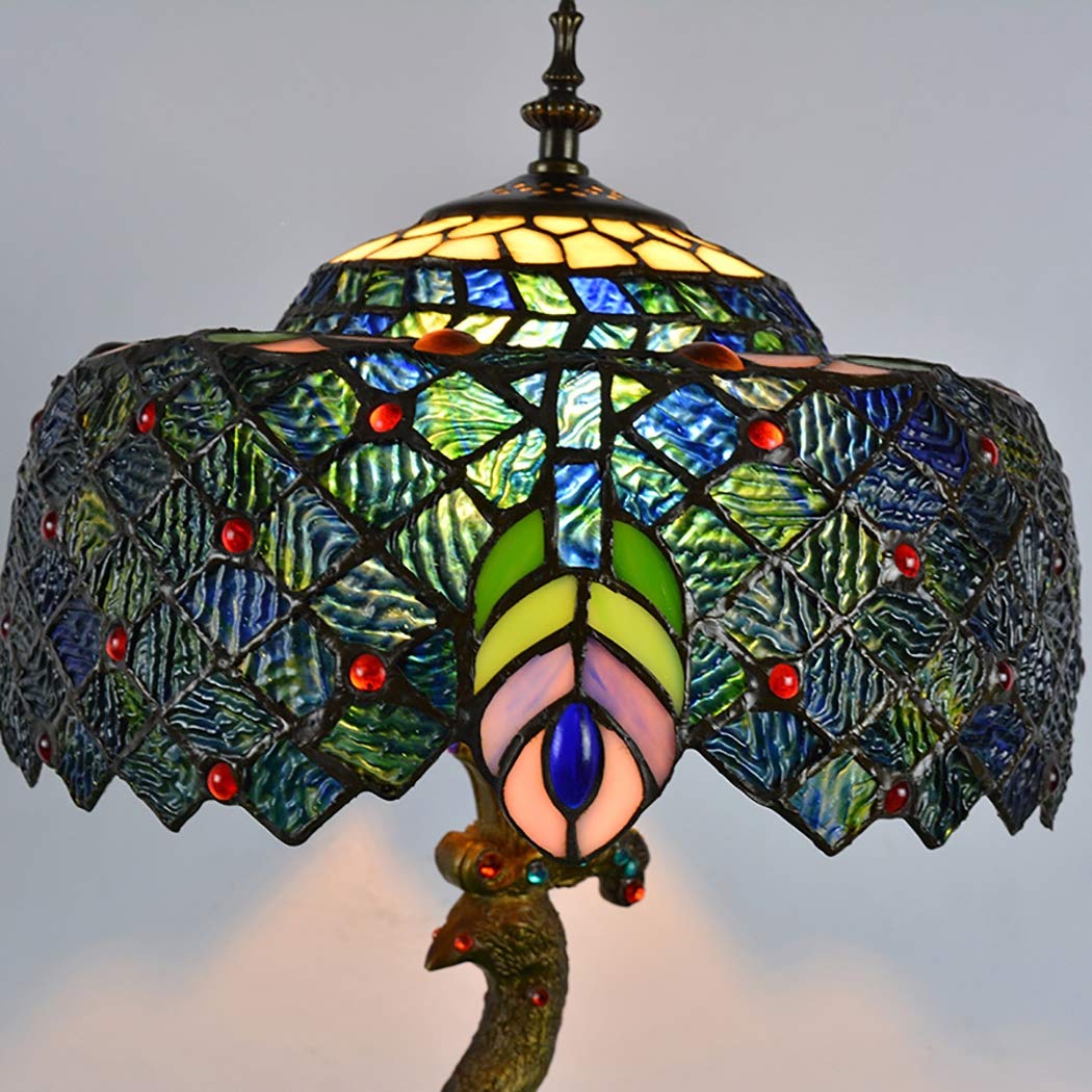 errzom Peacock Table Lamp Tiffany Table Light Fixtures Desktop Lamp with Retro Resin Peacock Base Stained Glass Peacock Shade for Living Room Bedroom Computer Desk Decoration Lights