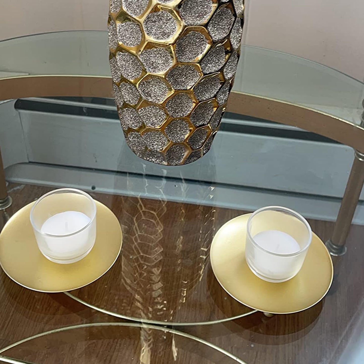 KEILEOHO 6 Pack Gold Candle Holders, 4.5 Inch Gold Iron Plate Candle Holder, Decorative Pillar Candle Plate Stand for Wedding Christmas Pillar Candles, Incense Cones, Wax Candles