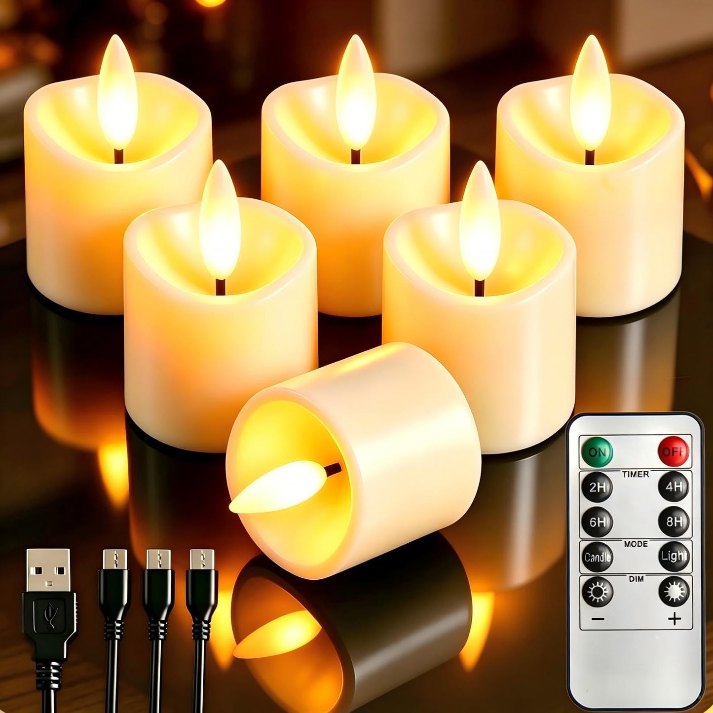 Rechargeable Flameless Tea Light Candles with Timer Remote, 1.5"x2.2" Electric Fake Flickering Votive Candles for Aniversary Wedding Centerpiece Table Decor Funeral Halloween Christmas (6 Pack)