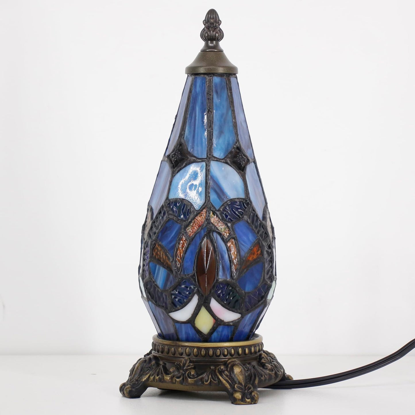 TCODTPOL Small Tiffany Lamp Stained Glass Table Lamp 5.5X11 Inch Christmas Tree Lighthouse Mini Accent Memory Sympathy Antique Night Light for Bedroom Living Room (Blue Purple)