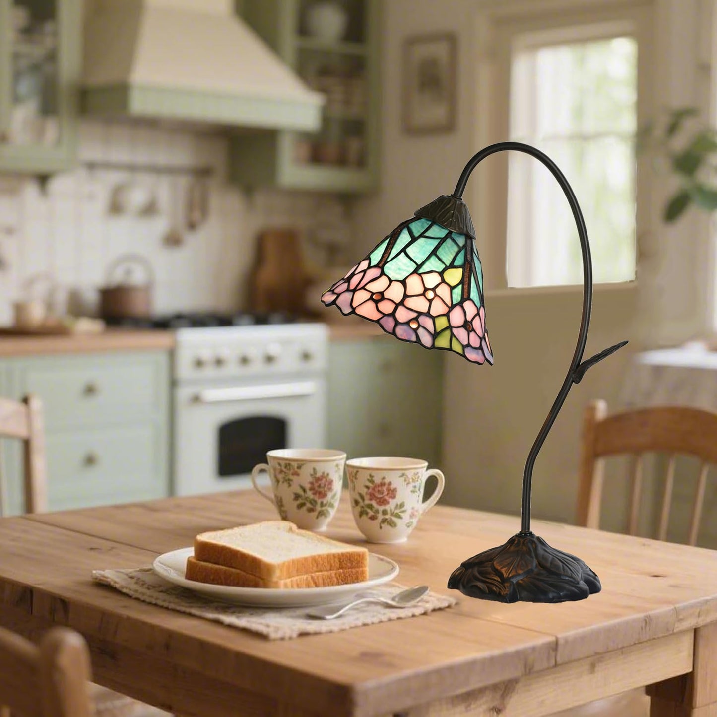 HomeBeauty TL0040 Tiffany Style Table Lamp,Handmade Stained Glass Hydrangea Desk Lamp,Vintage Gooseneck Accent Lamp,W 11.25" x H 19" for Bedroom Living Room,Nightstand,LED Bulb Included