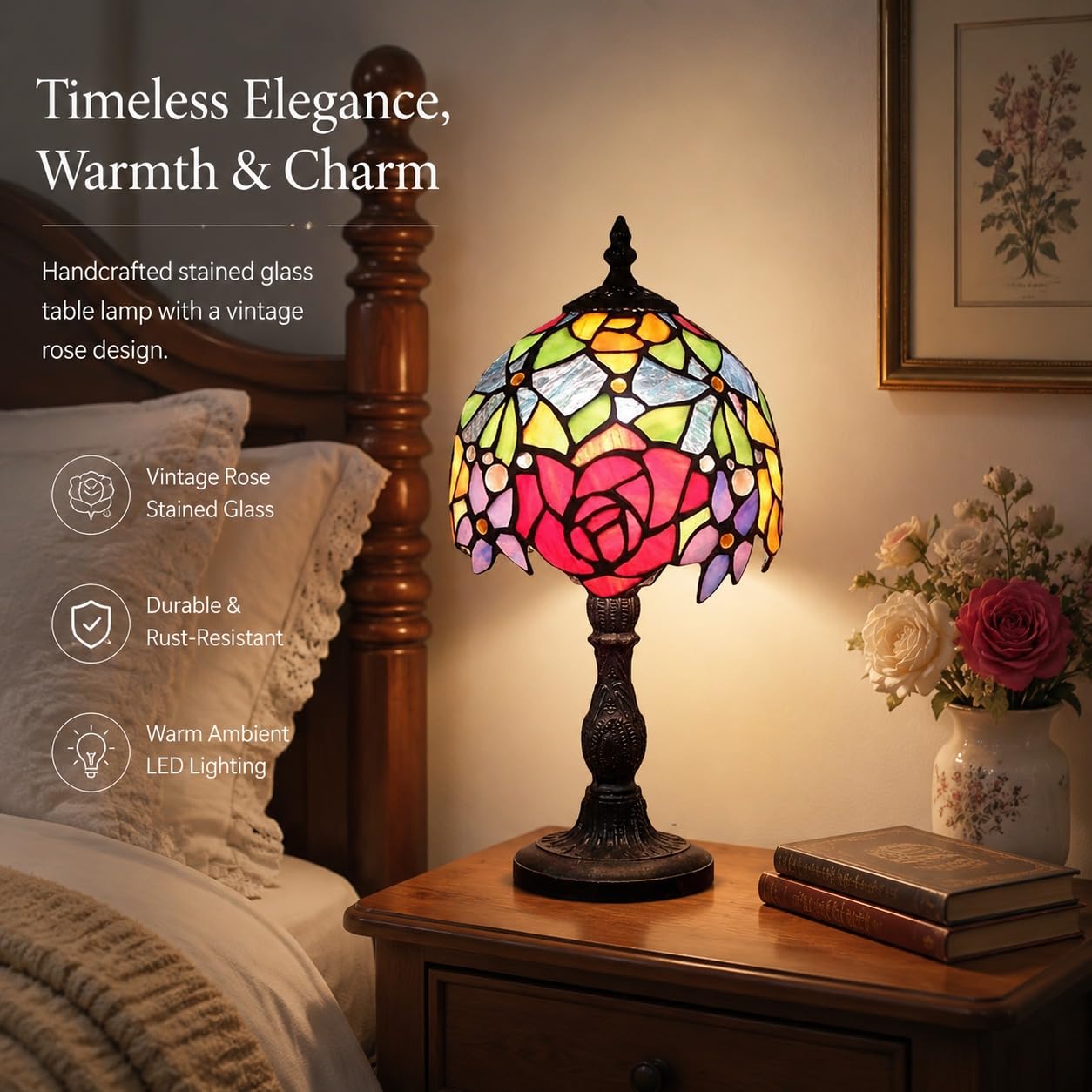 YINIETZSCHE Tiffany Style Table Lamp 8 Inch, Handmade Stained Glass Rose Shade Desk Lamp, Vintage Art Deco Bedroom Nightstand Light with Resin Base, Includes Warm Light Bulb