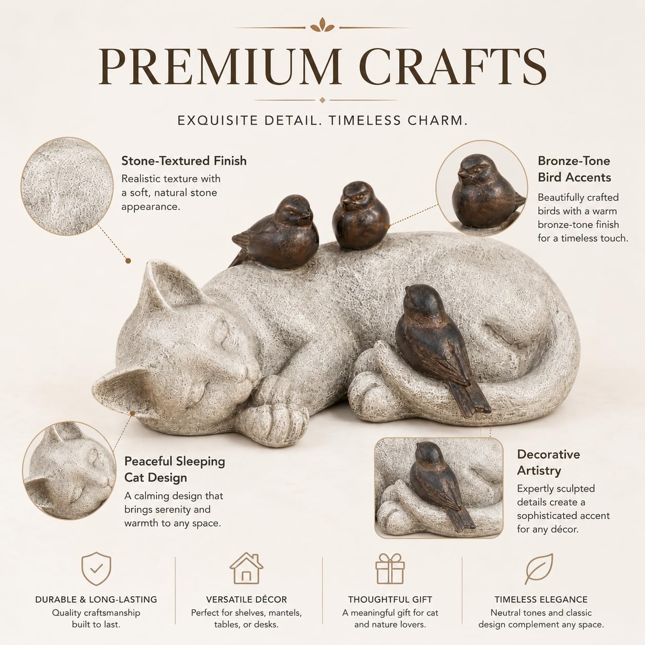 Comfy Hour 4.7" Sleeping Cat with Sparrows Garden Statue, Stone Look Cat Memorial Accent for Outdoor Indoor, Unique Cat Lover Present for Women, Sympathy Pet Remembrance Figurine, 1 Unit