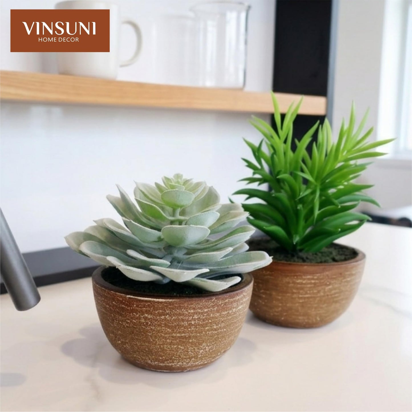 VINSUNI Artificial Succulents Plastic Artificial Green Plant for Office, Fake Succulents for Home Decoration (Set of 2 Succlents in Pots)