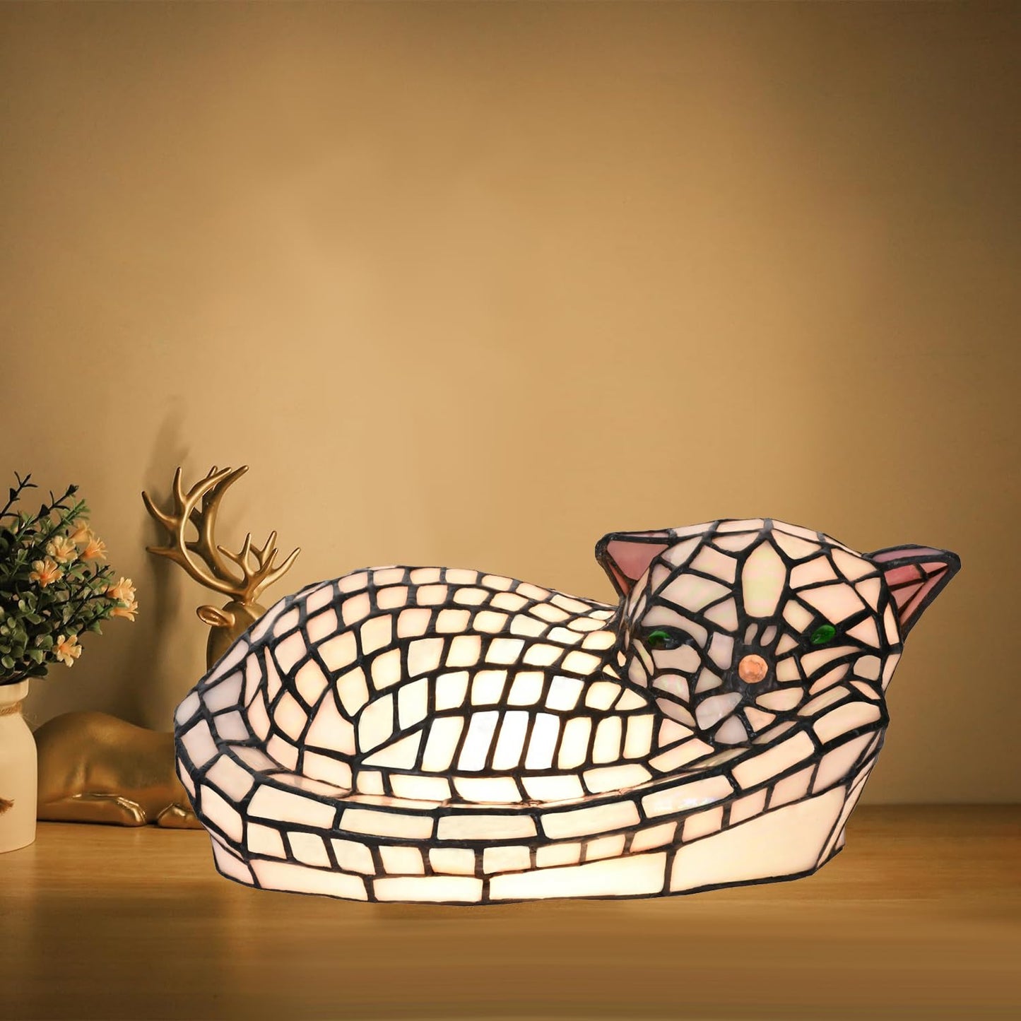 HomeBeauty A0013 Cute Sleeping Cat Tiffany Style Table Lamp, 11.5" L x 7.125" W x 5.5" H, Handmade Stained Glass Night Light for Livingroom Bedroom Home Decoration, LED Bulb Included (Sleeping Cat)