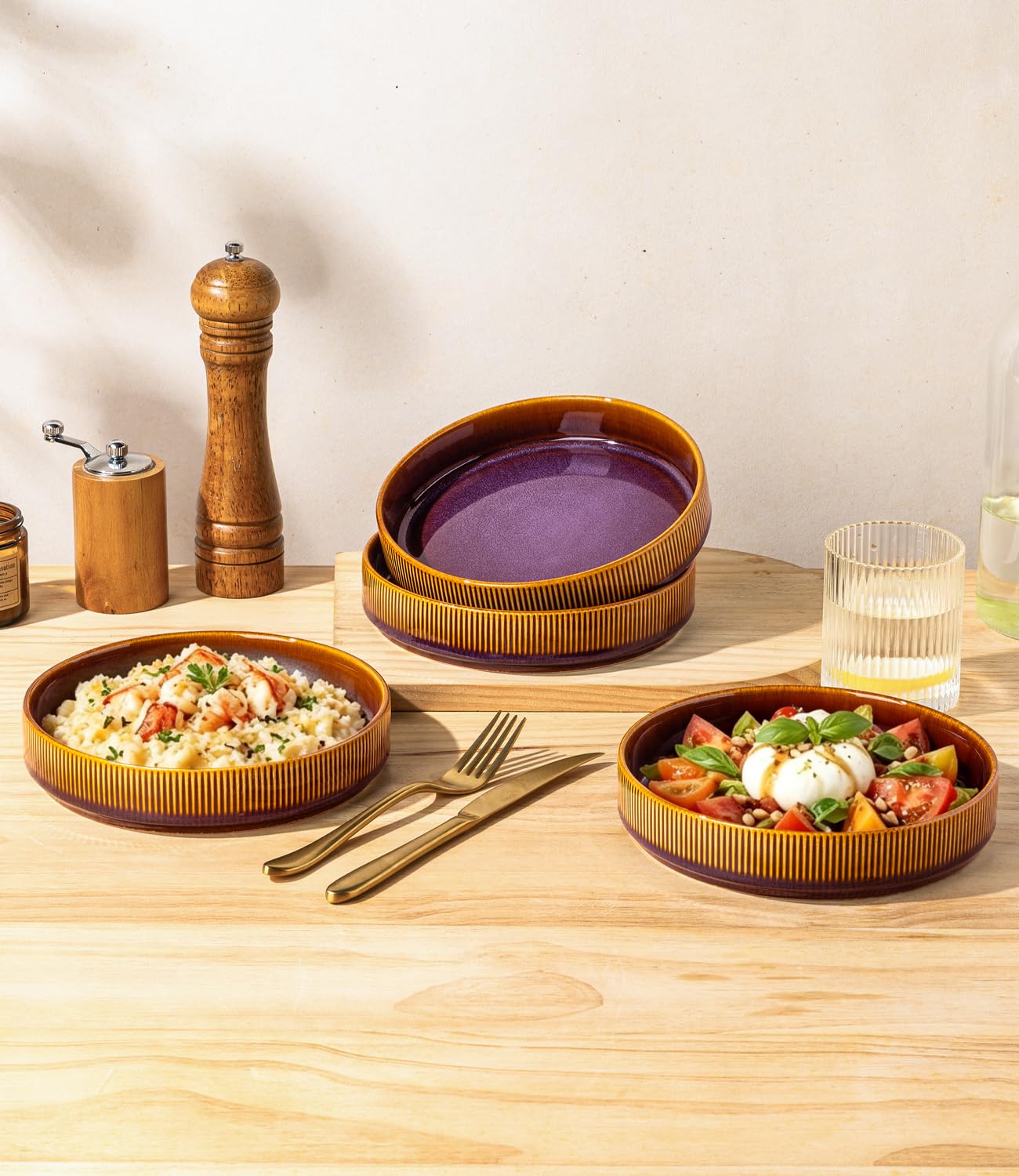 theterra 7.5'' Ceramic Pasta Bowls, Salad Bowls Set of 4, Stoneware Serving Bowls for Fruits, Noodle, Dinner, House-warming Wedding Present, Amber Amethyst