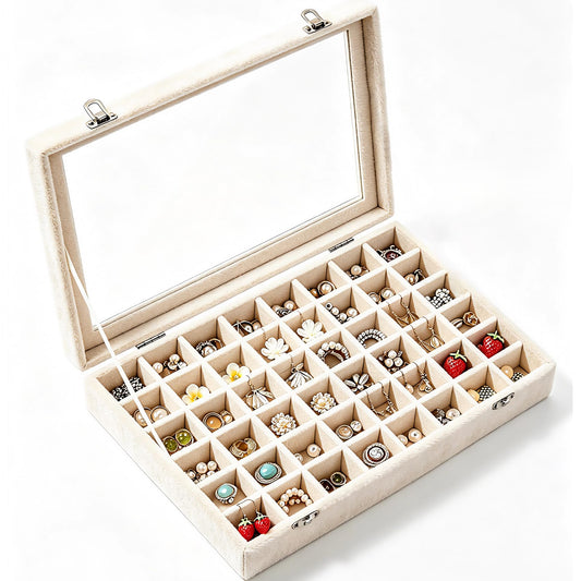 Pazpsar 48 Grid Velvet Jewelry Tray Organizer with Transparent Lid, Stackable Display Case for Ring Earring Necklace Pendant Brooch Storage,Anti-Scratch Clear Cover Jewelry Holder for Women Girls