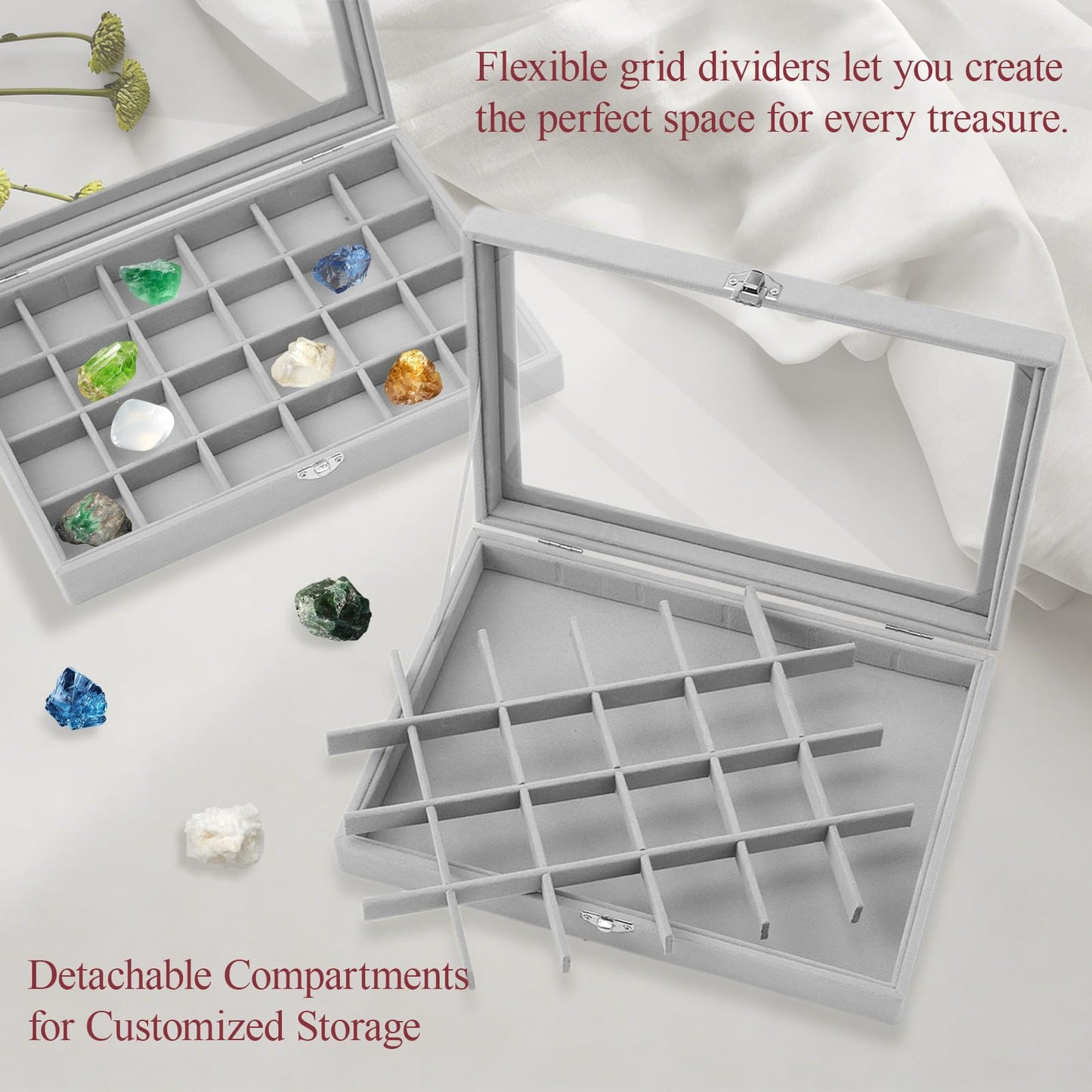 DOODLREAM 3PCS Grey Rock Display Boxes with Clear Glass Lid, 24-Slot Large Flocking Lined Rock Crystal Storage Organizer Case, 11.14x8x1.81 Inch Earring Tray & Ring Holder, Jewelry Showcase