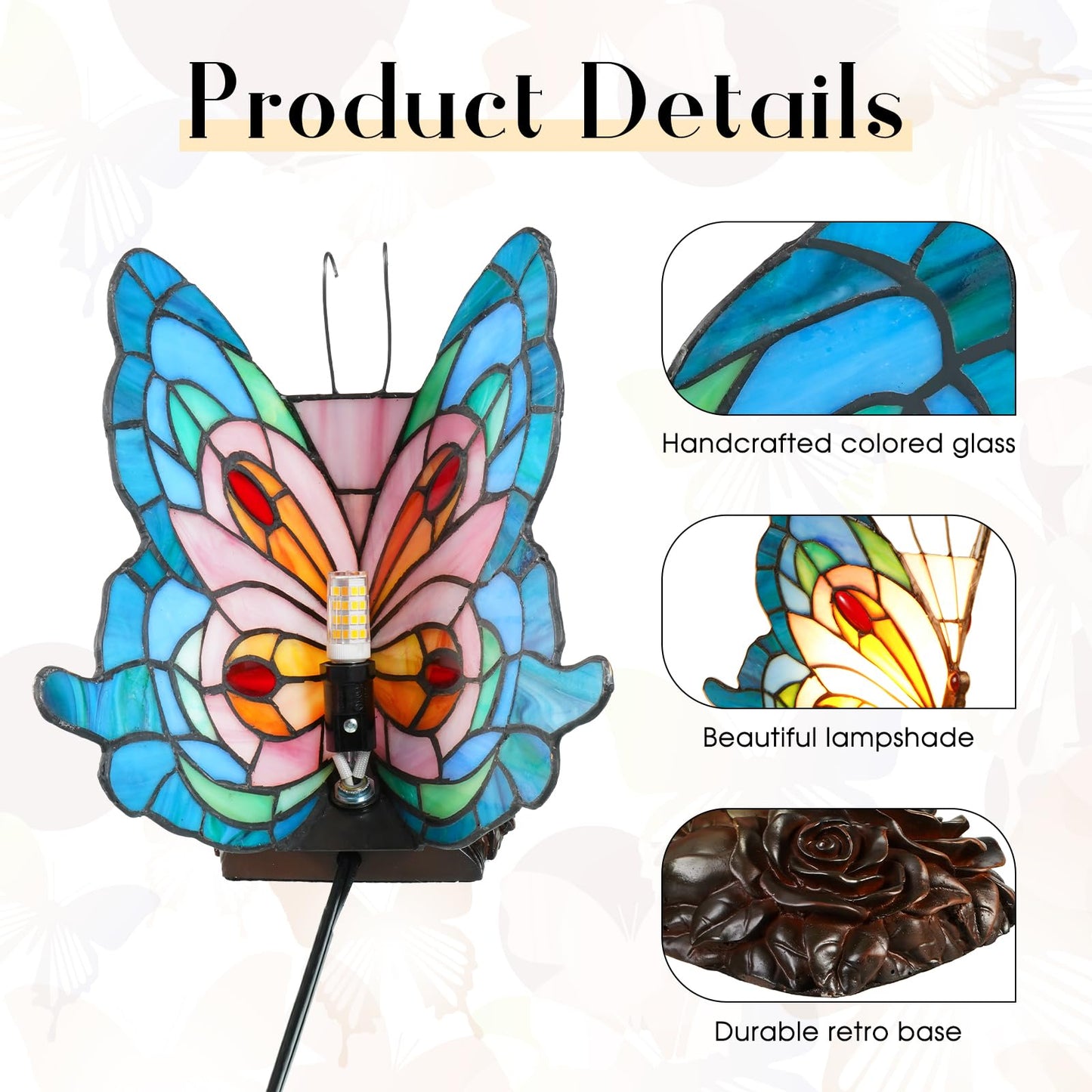 Yodimust Tiffany Style Blue Pink Butterfly Table Lamp