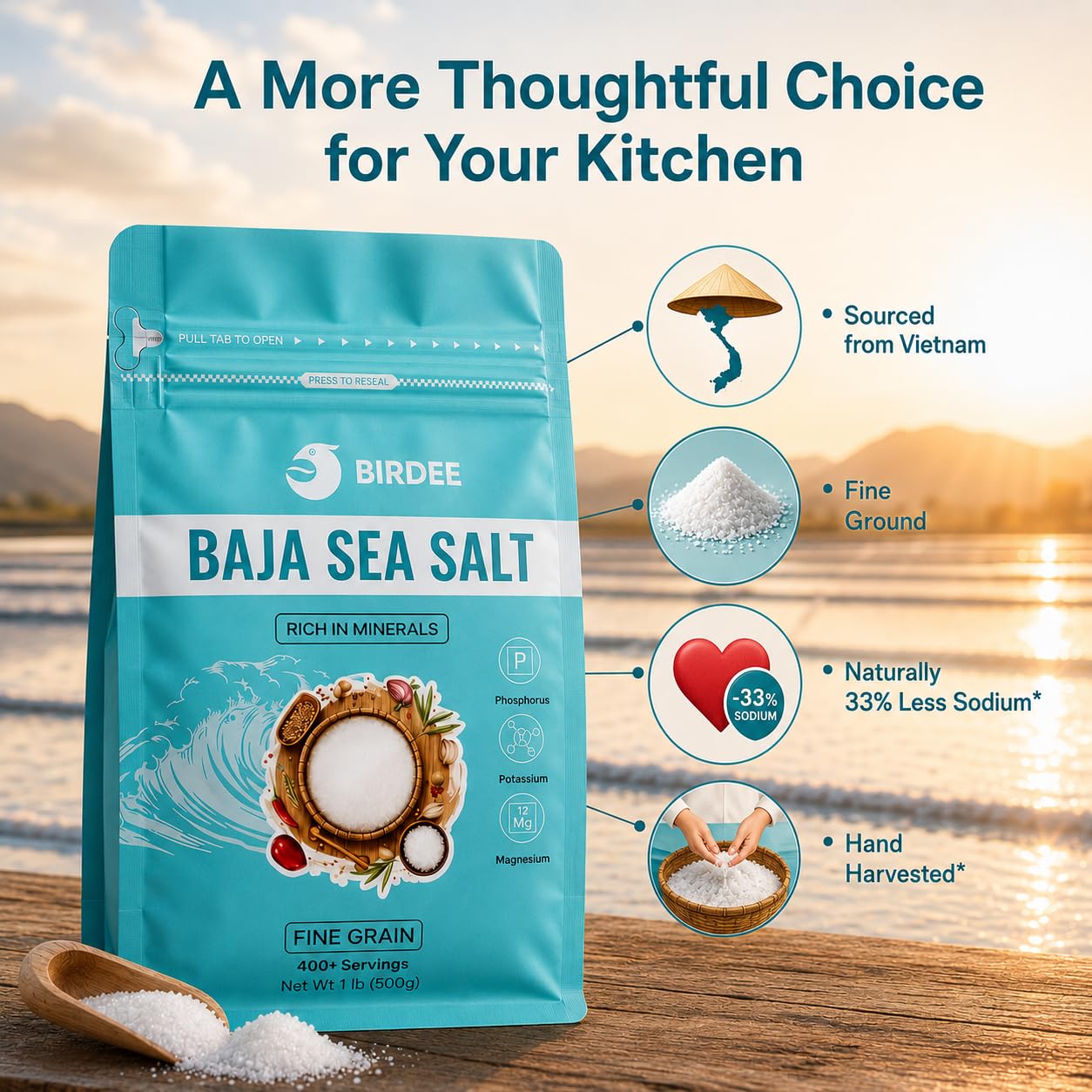 Birdee Culinary Gift Set, Solar-Dried Mineral Rich Fine Grain Sea Salt from Vietnam, 17.6 oz (500g) Pouch with Engraved Hardwood Spoon Bag Sealer Clip, Seasoned with Salt Colossians 4:6