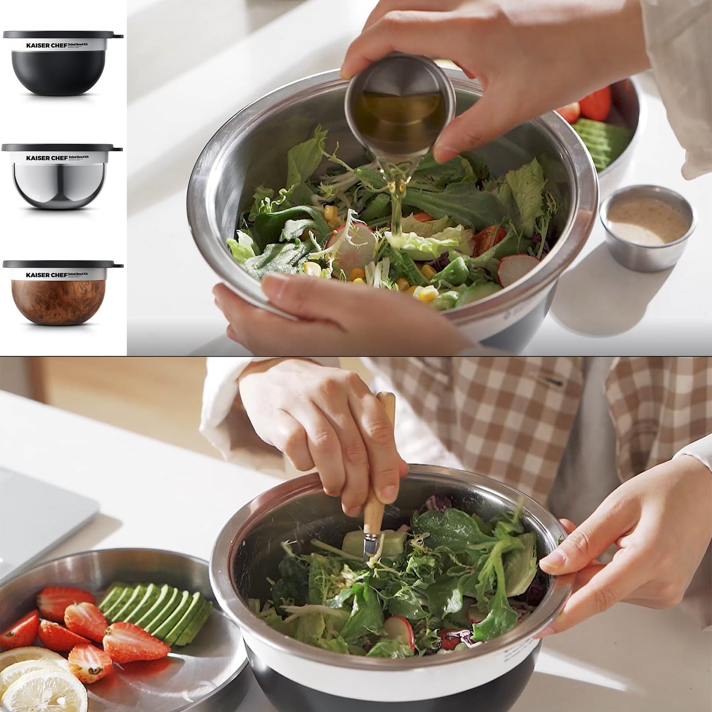 Kaiser chef Salad Bowl Kit 74oz,Salad Container For Lunch,18/8 Stainless Steel,Salad Bowl With Lid, Includes 1.7oz Condiment Container and Removable Tray,Leak-Proof, Easy to Clean(Black)