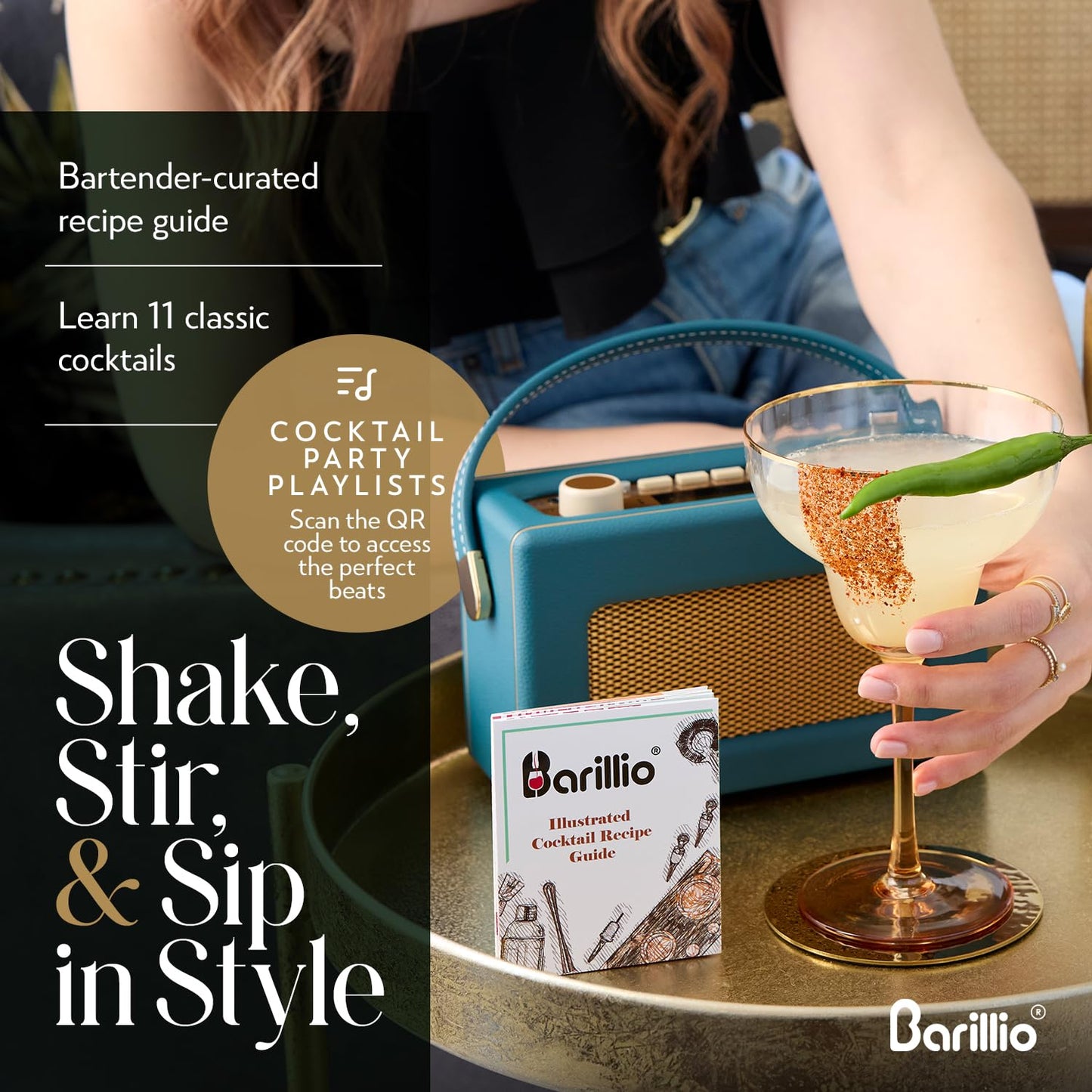 Barillio Gold Bartender Kit - Stainless-Steel Cocktail Shaker Set w/Bamboo Stand - Mixology Bar Tools w/Shaker, Drink Mixer Spoon & Muddler for Cocktails - Home Bar Accessories - 10-Pc Bar Set