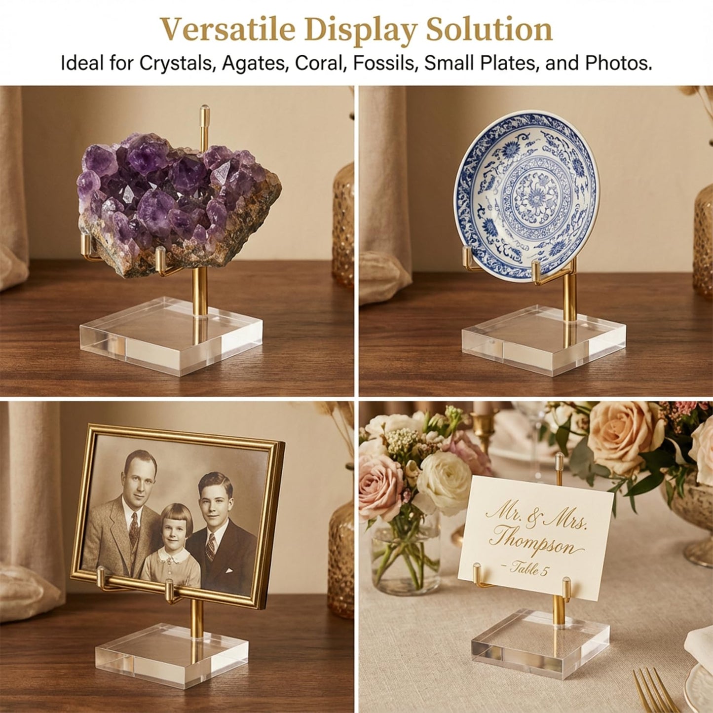 Oqqlin 8 Pcs Adjustable Metal Arm Display Stand, 2 x 2 x 3.5 Inch Gold Small Crystal Display Easel with Clear Acrylic Base Rock Mineral Stand for Picture, Rock, Geodes, Mineral, Agate